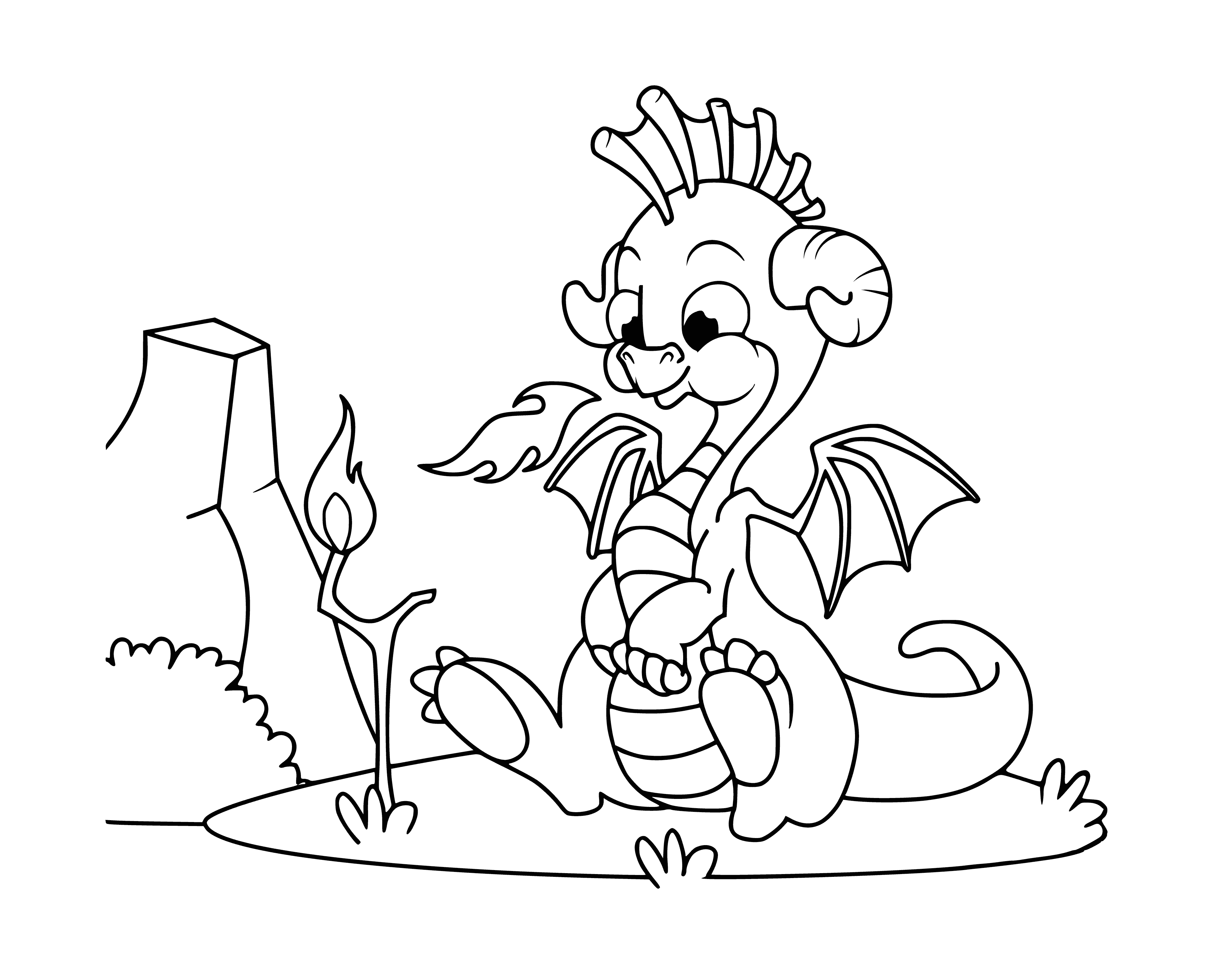 coloring page: Cute little dragon with green spikes, curled tail, and big wings looks friendly. #coloringpages