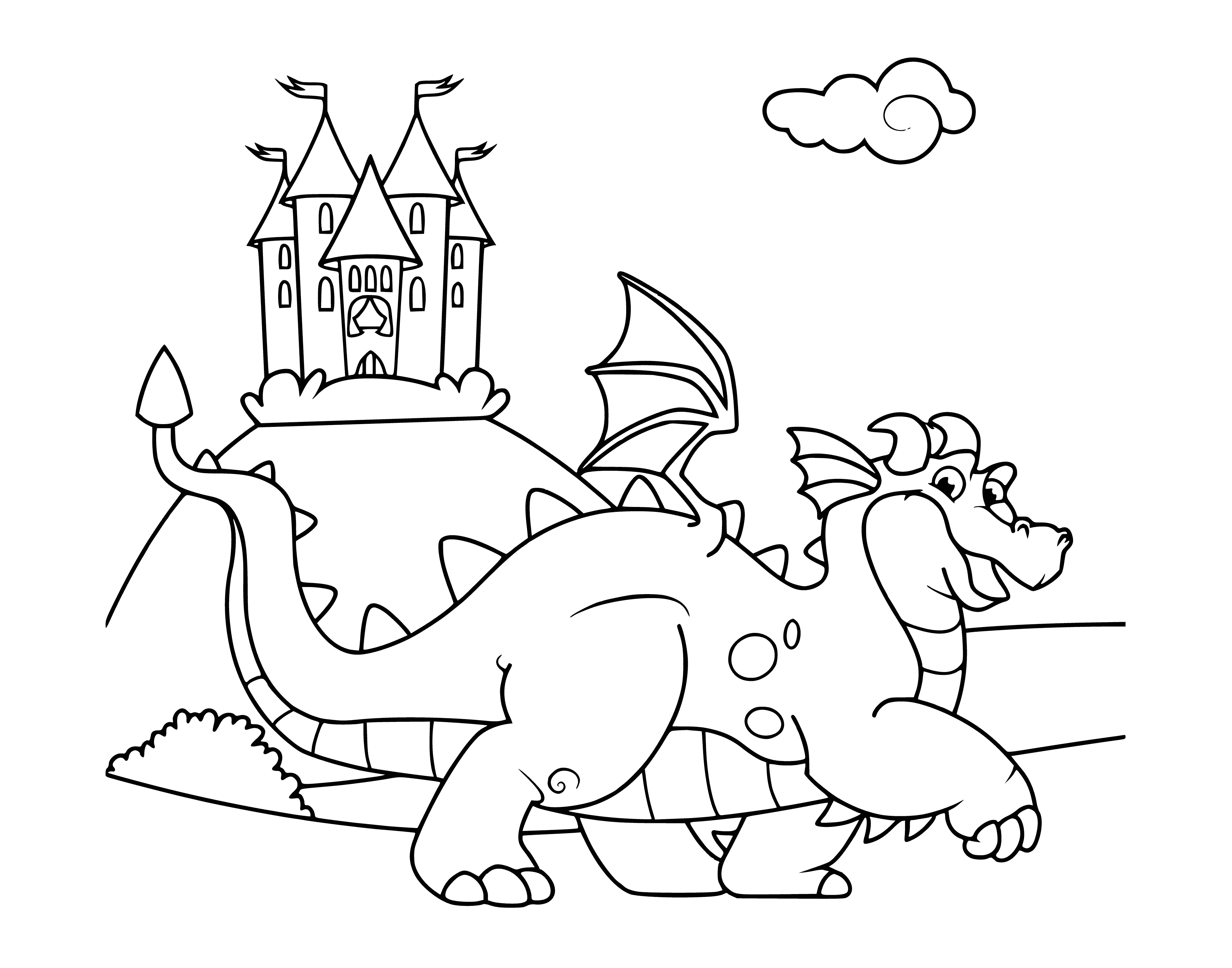 coloring page: The dragon majestically guards castle and its people. Its claws and teeth make it a powerful sight, yet it is also loyal to those it protects.