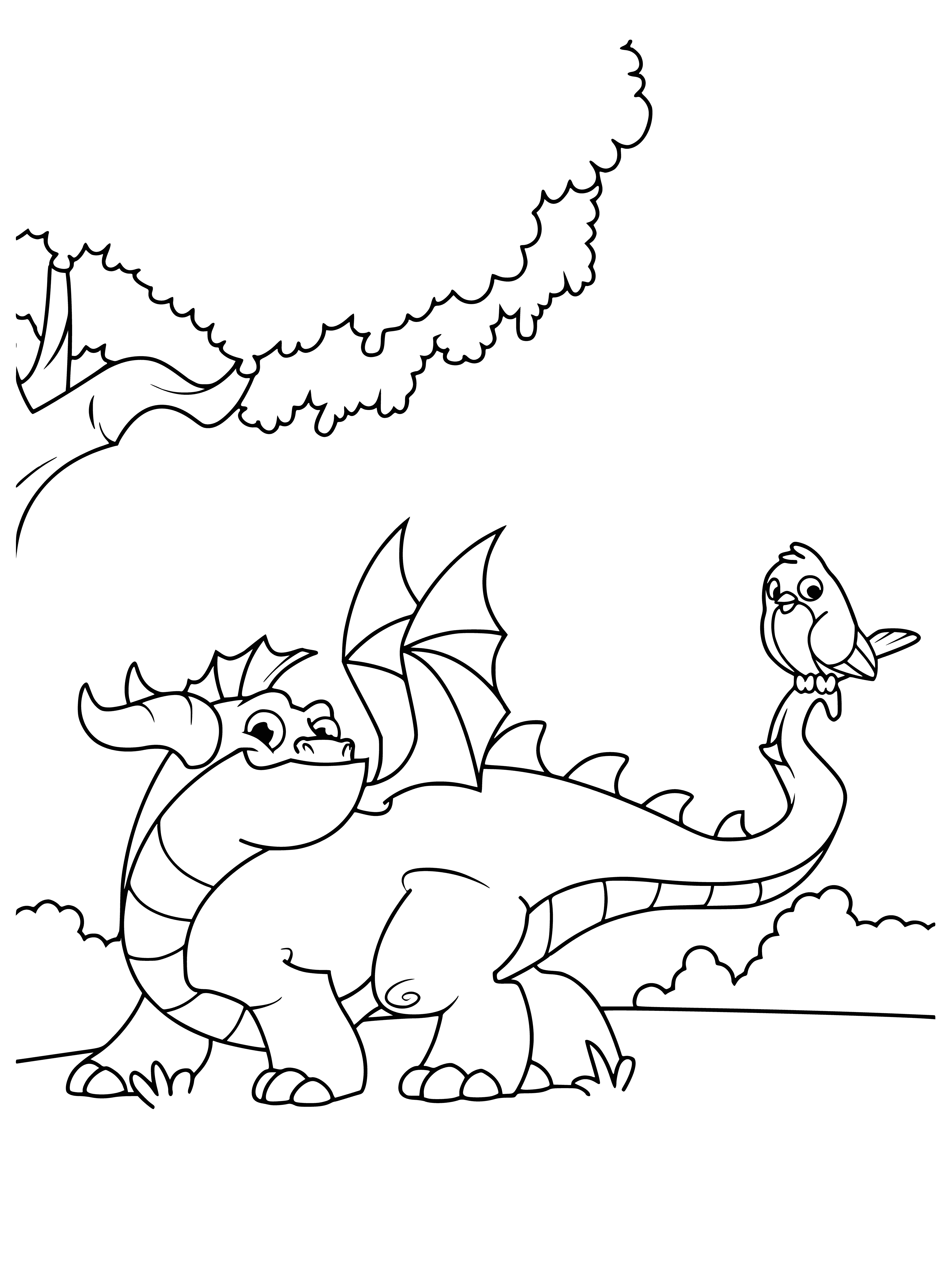 coloring page: A dragon is walking through a green field with red wings and a long tail, wearing a gold necklace with a green gem in its center.