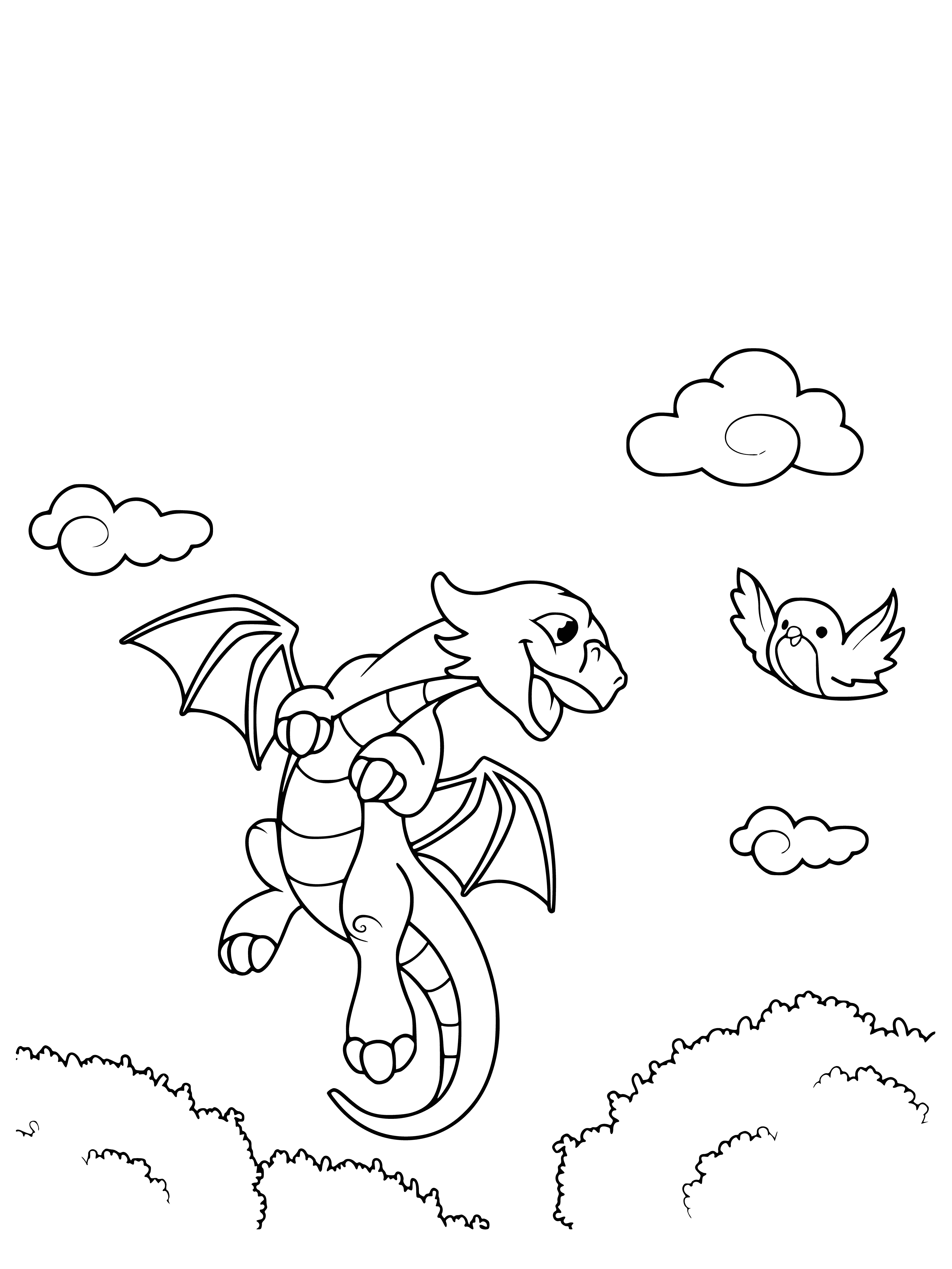 coloring page: Dragon has wings, scales, breathes fire & can fly - big & powerful.