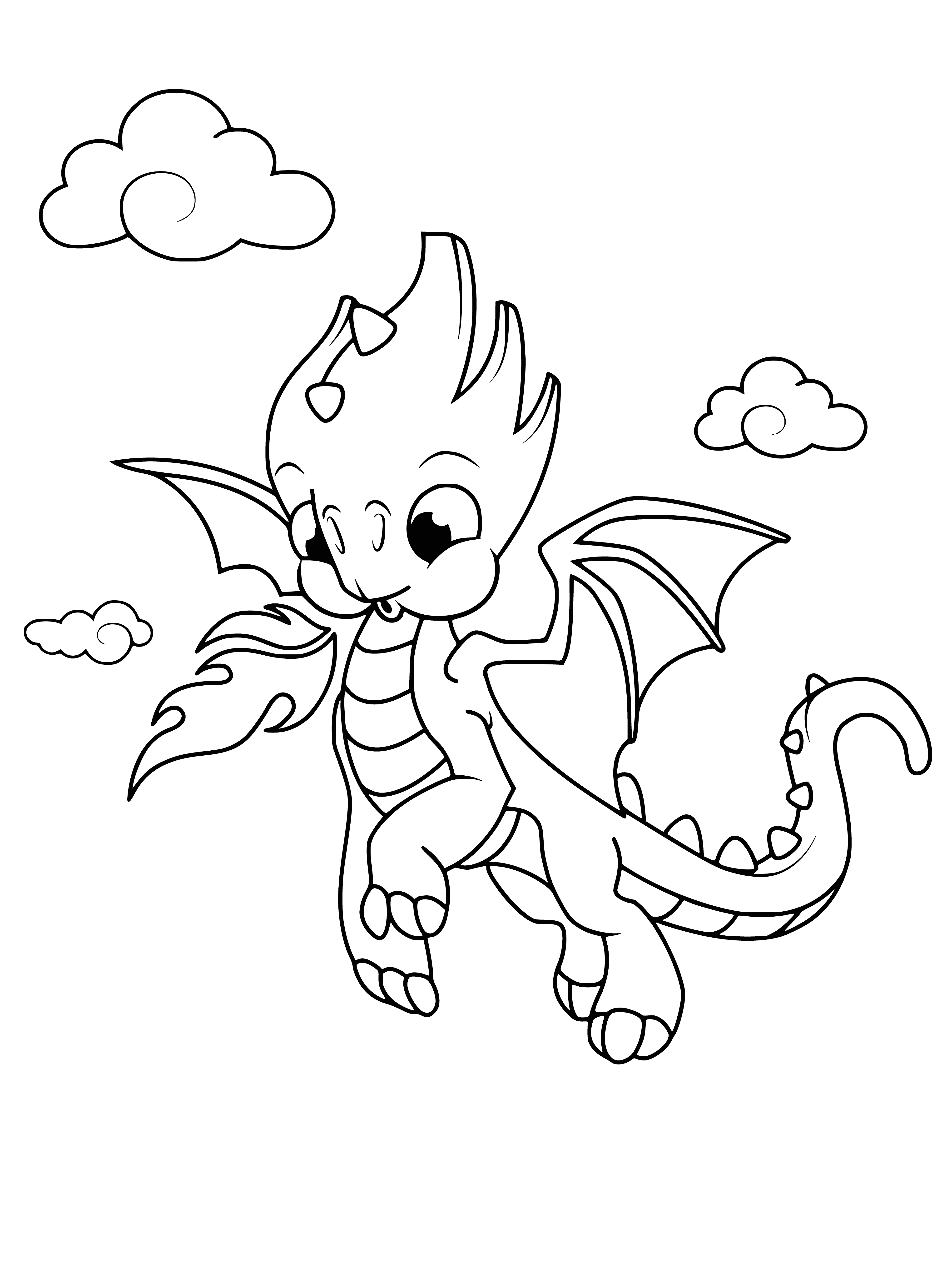 coloring page: Dragon standing on a rock, looking up at the sky with spread wings & long tail; a perfect coloring page! #coloringbook #dragon