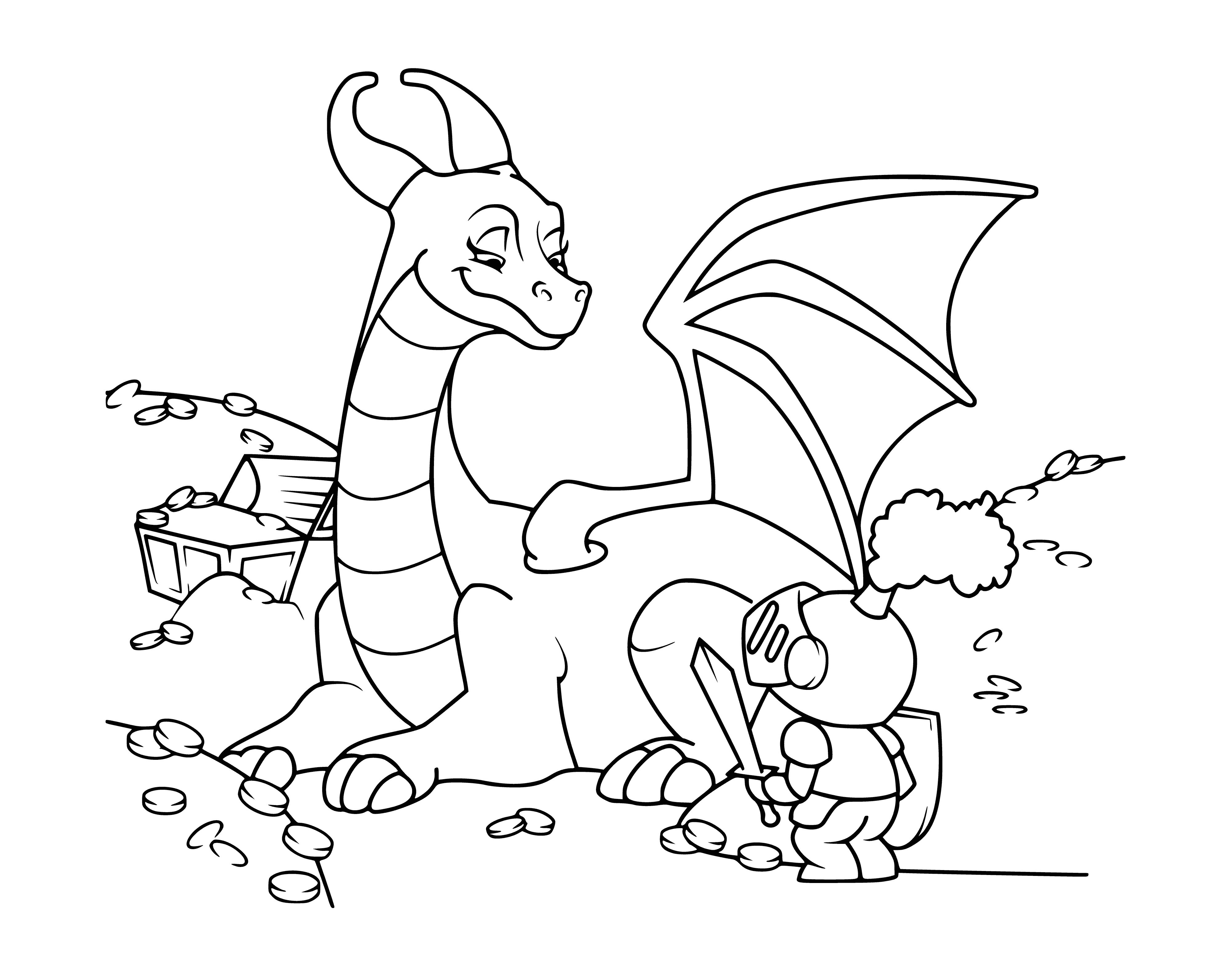 coloring page: A knight faces off with a dragon in front of a castle, flames spewing from the dragon's mouth. Shield emblazoned with a coat of arms in knight's hand.