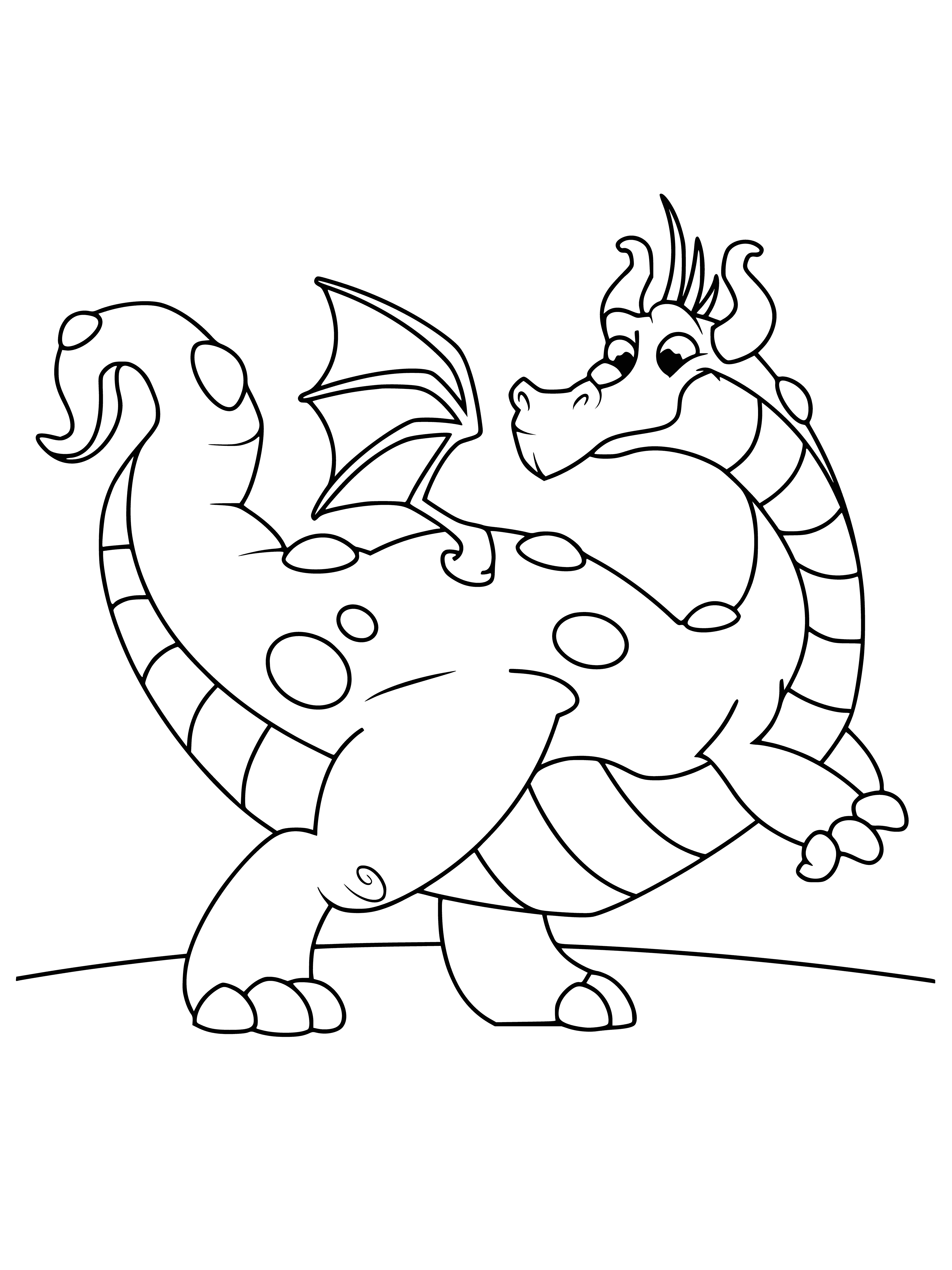coloring page: Dragon has long neck,talons,green scales,yellow eyes,long snout,large teeth. Majestic creature spreads wings.