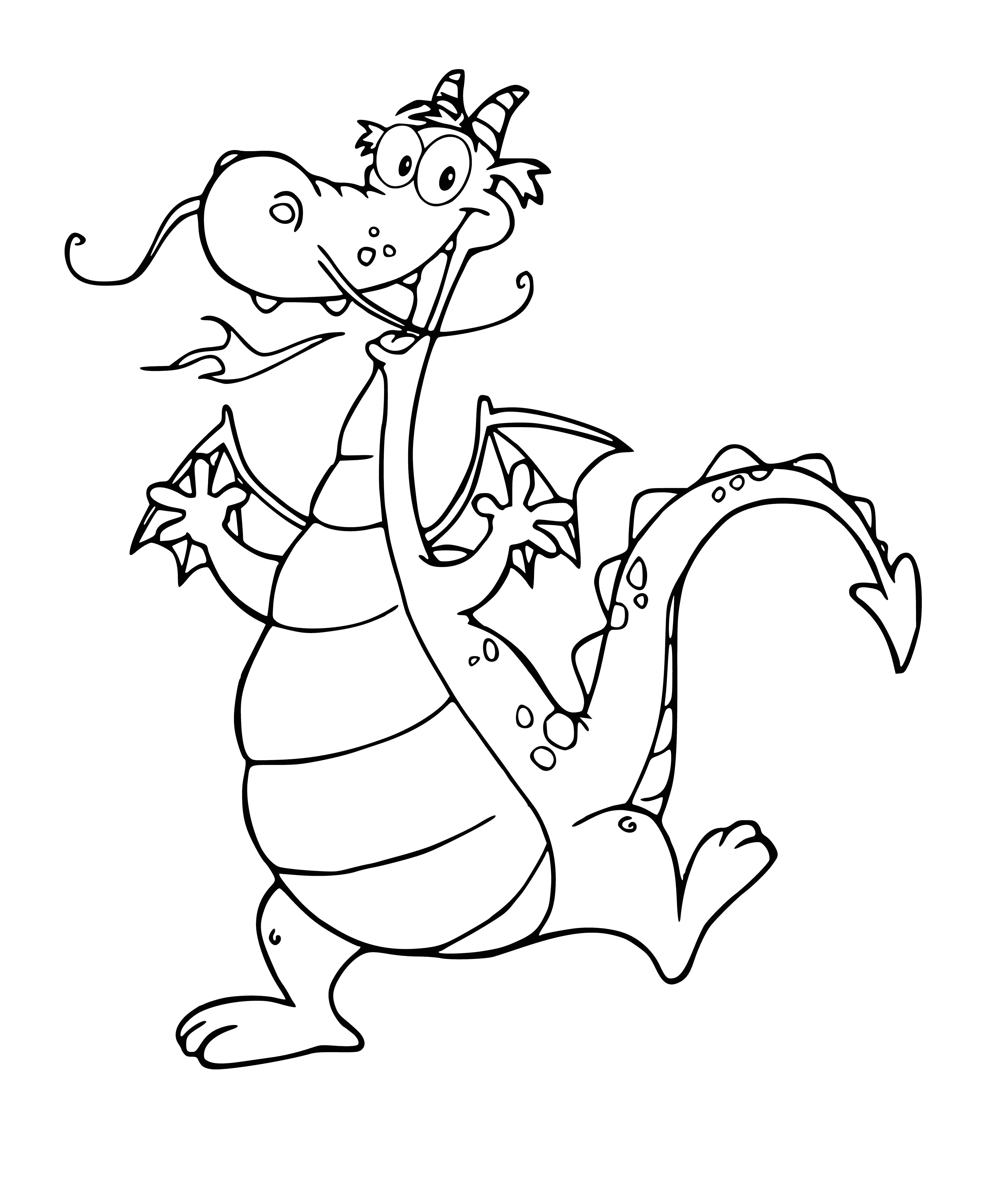 coloring page: Happy dragon has big smile, shining green scales, sparkling eyes, big wings, ready for flight! #Dragon