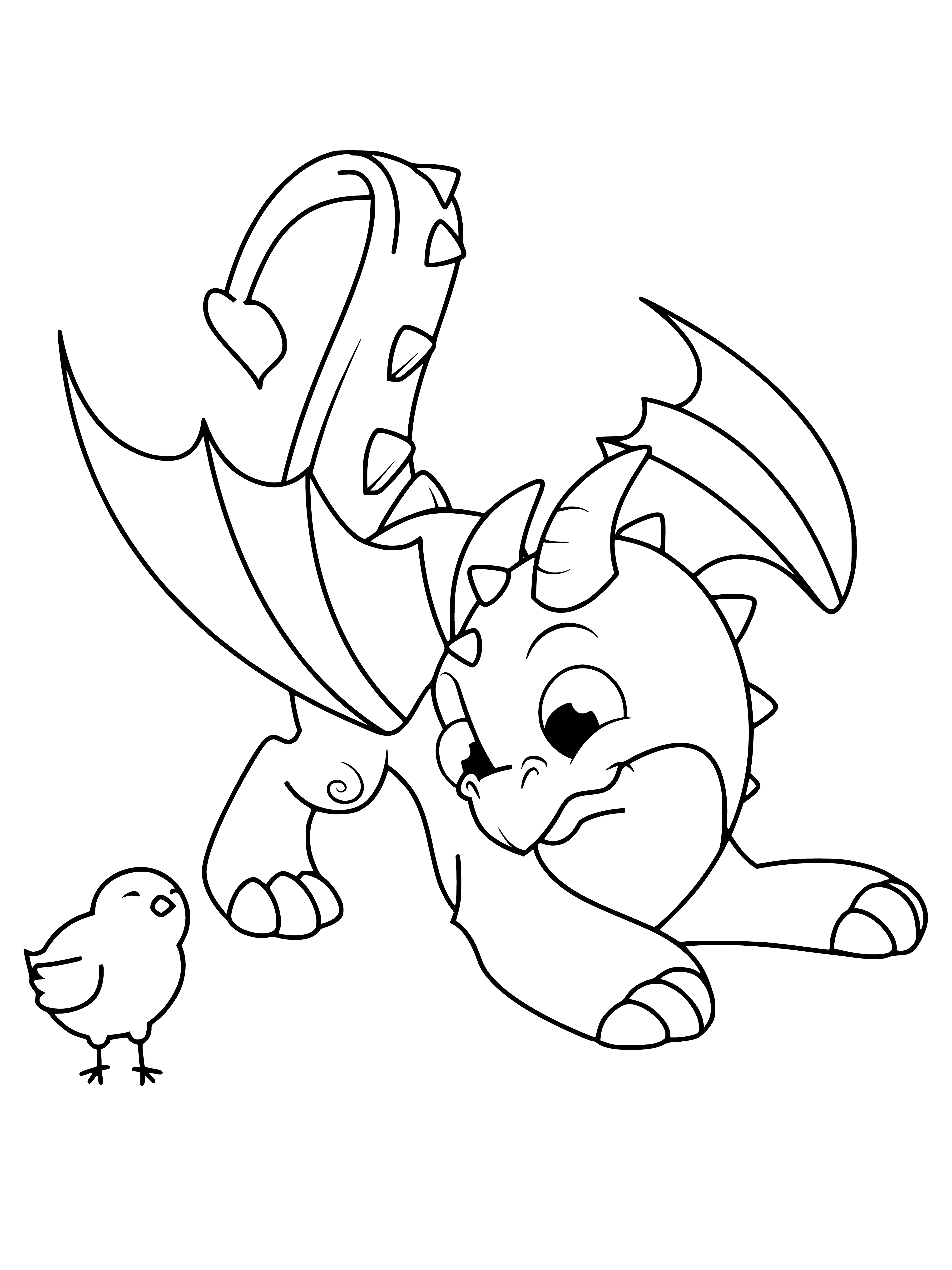 coloring page: Dragon playing with chicken, claws around bird, biting it, chicken trying to escape.