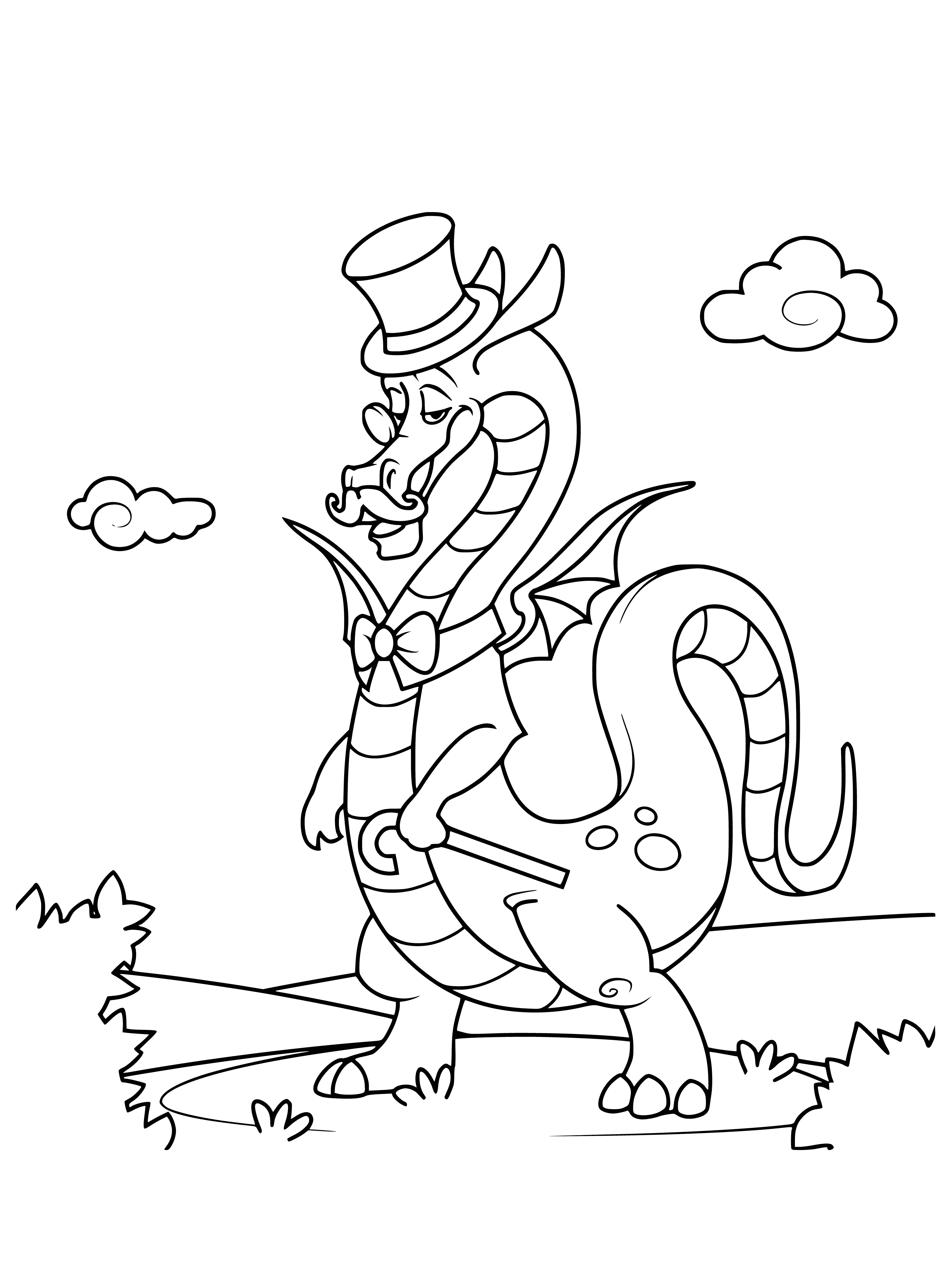 coloring page: Large scaly creature with long neck, tail, wings and fire breath: a dragon!