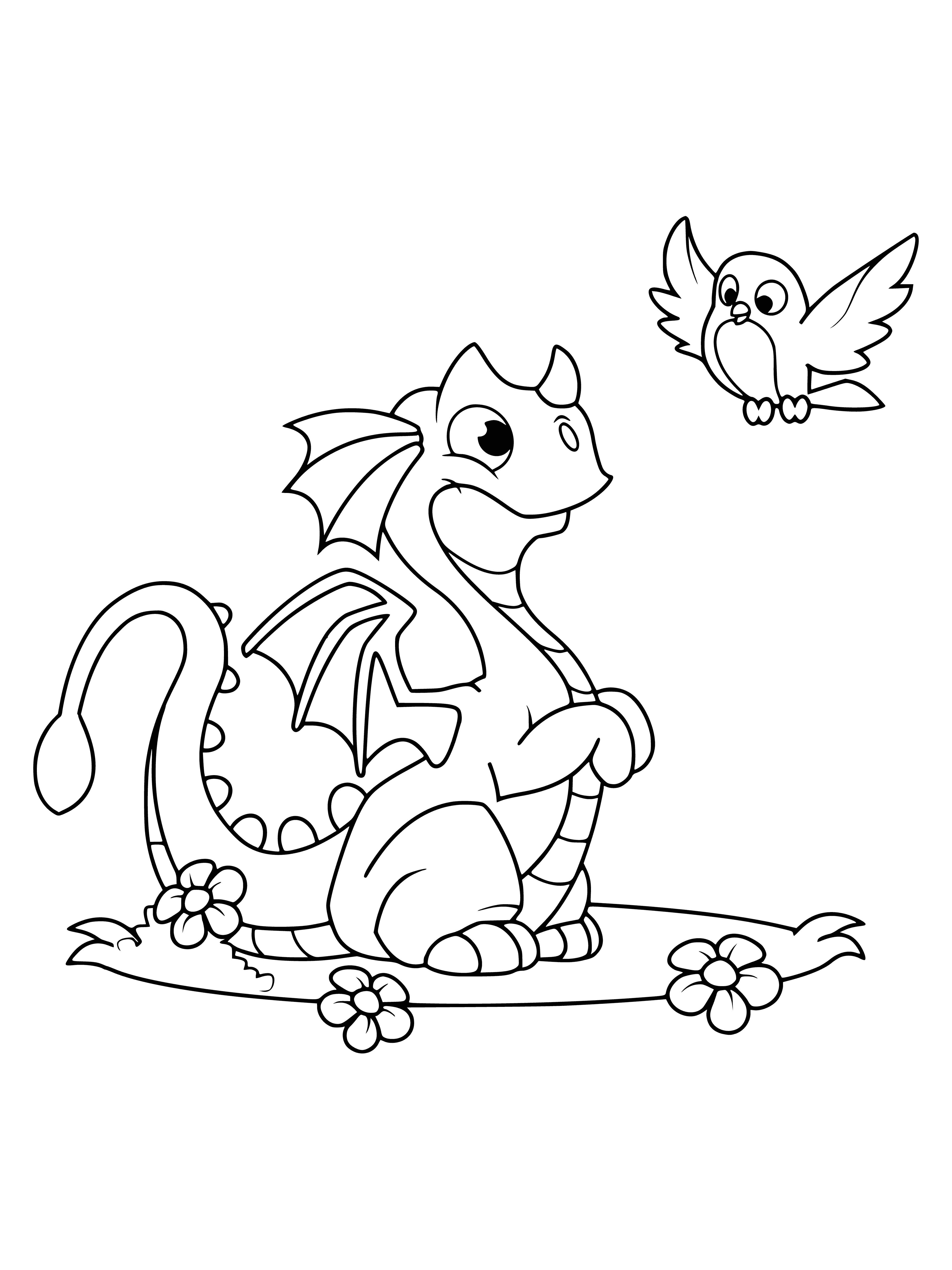 Little dragon and bird coloring page
