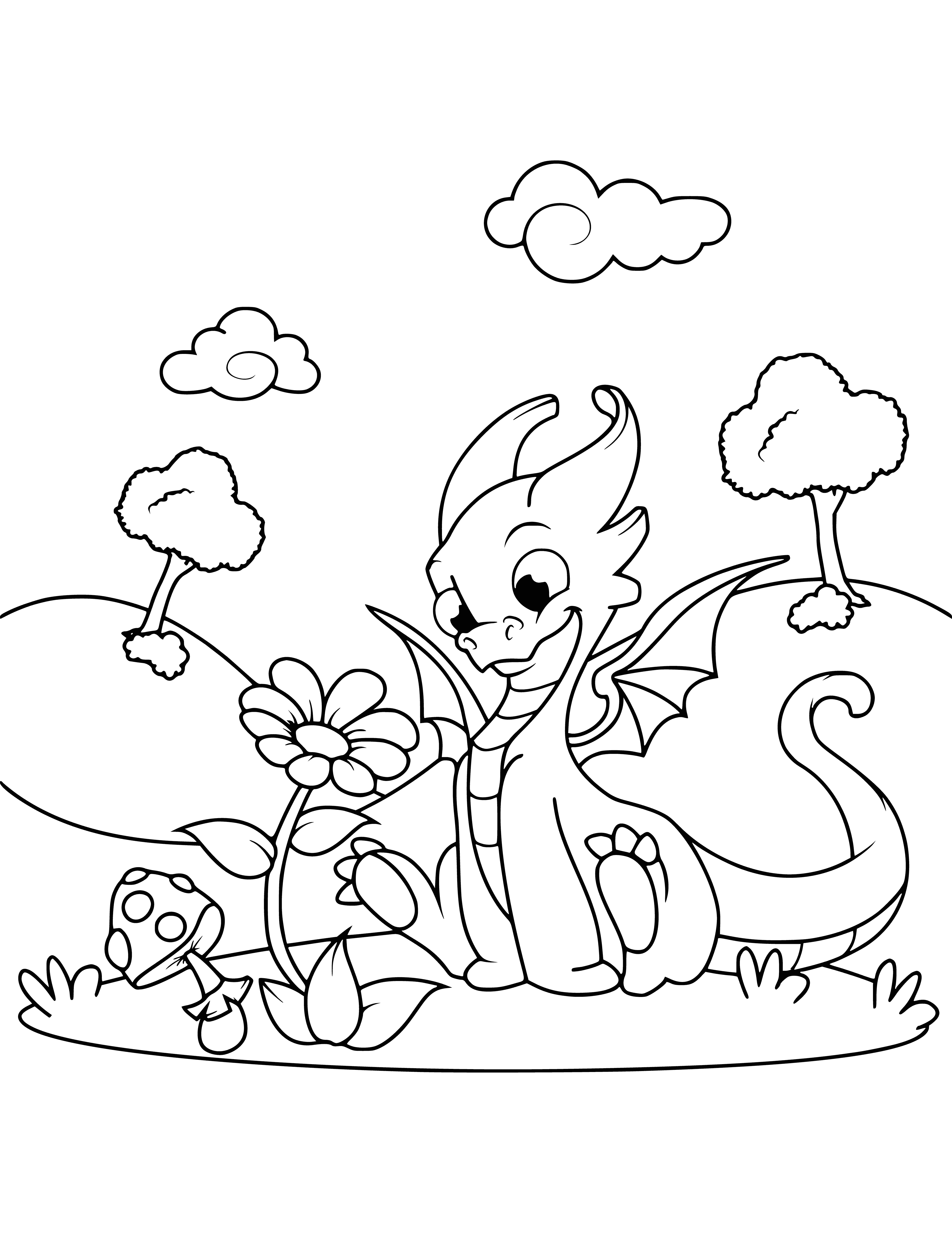 coloring page: A dragon gazes at a flower, its wings spread and left paw off the ground.