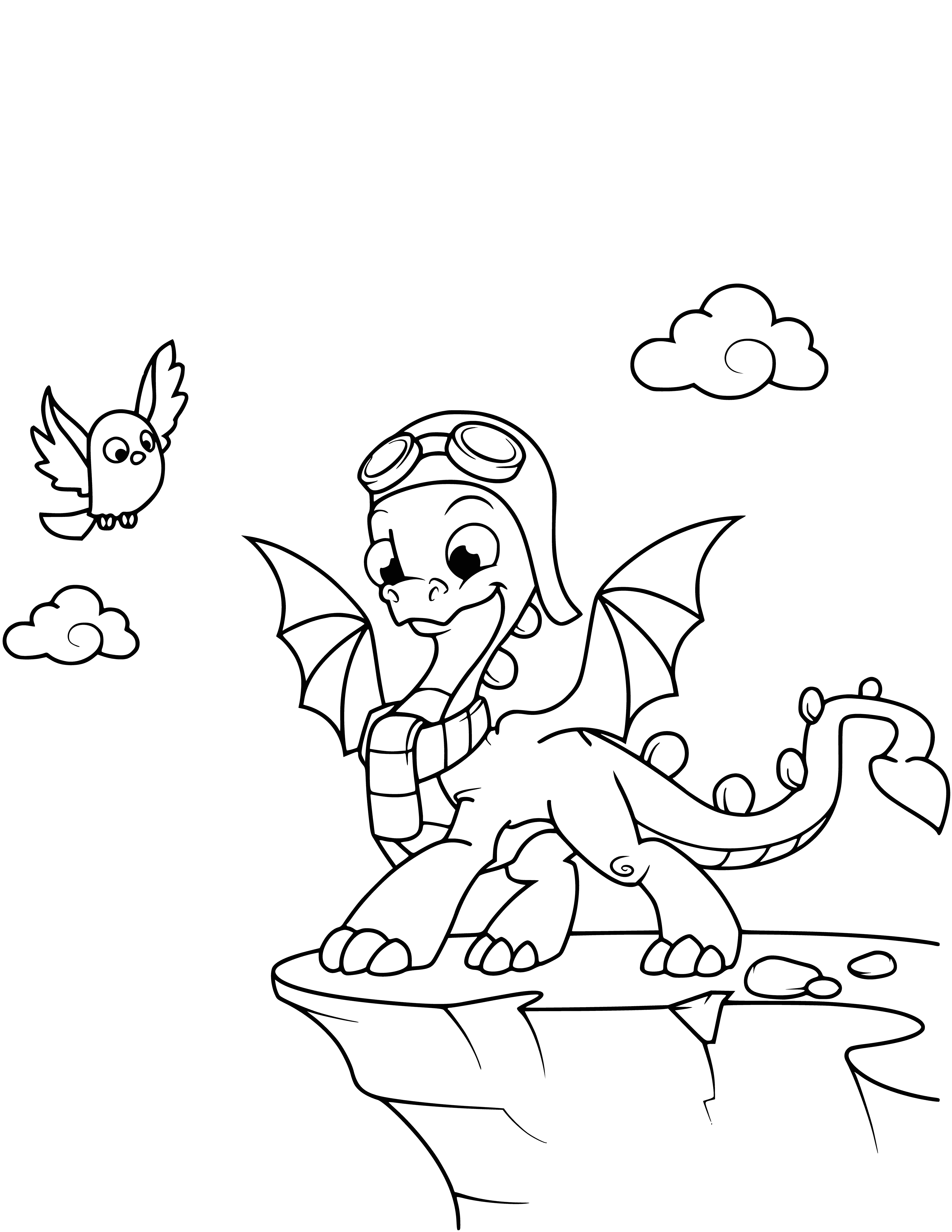 coloring page: Two dragons fly, one cheers the other on. Red and blue soar through the air.