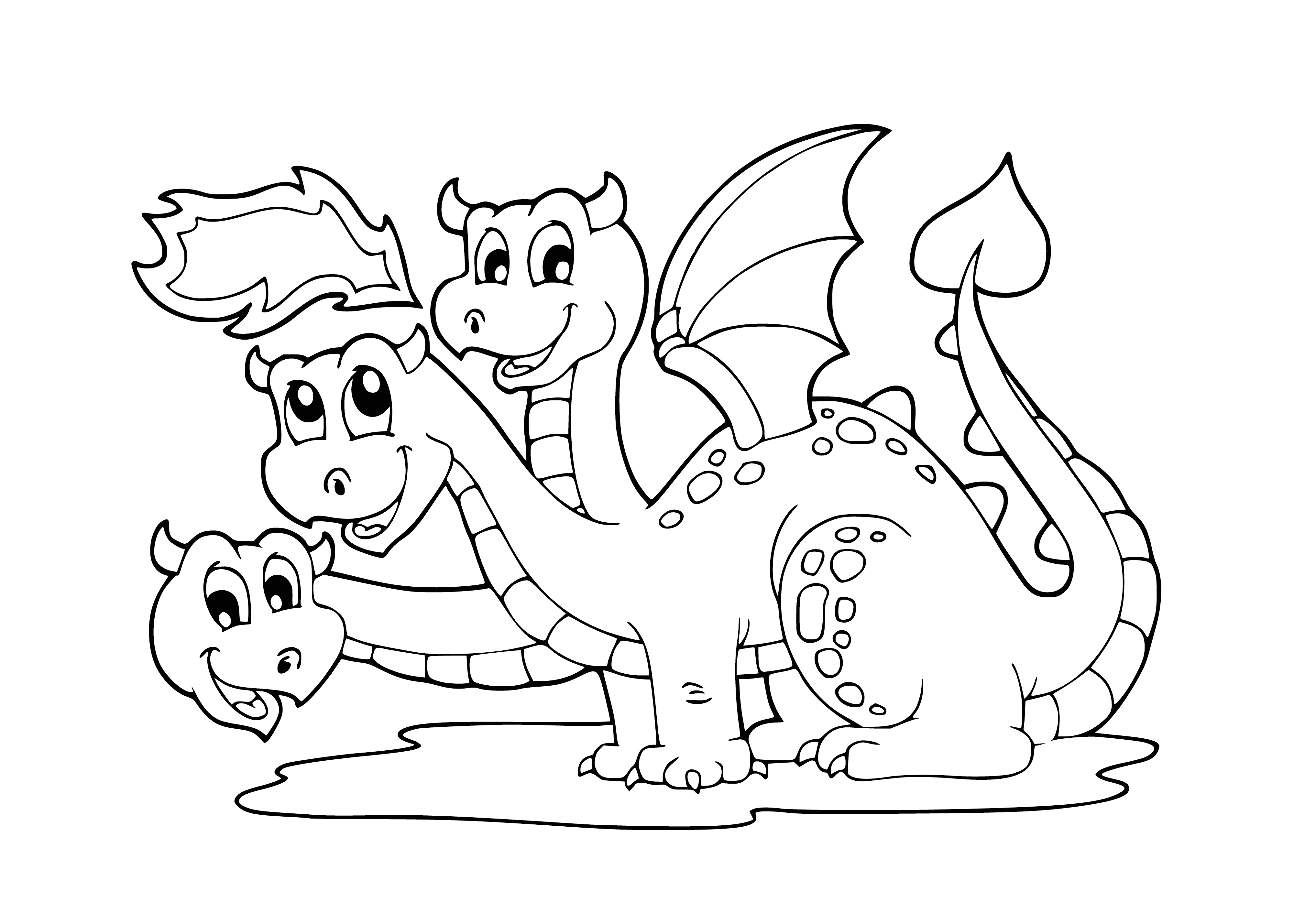 coloring page: Three-headed dragon surrounded by flames, three heads express anger, cunning, and sleepiness. Body a deep green, scales black, belly bright orange, wings a mix of green and black.