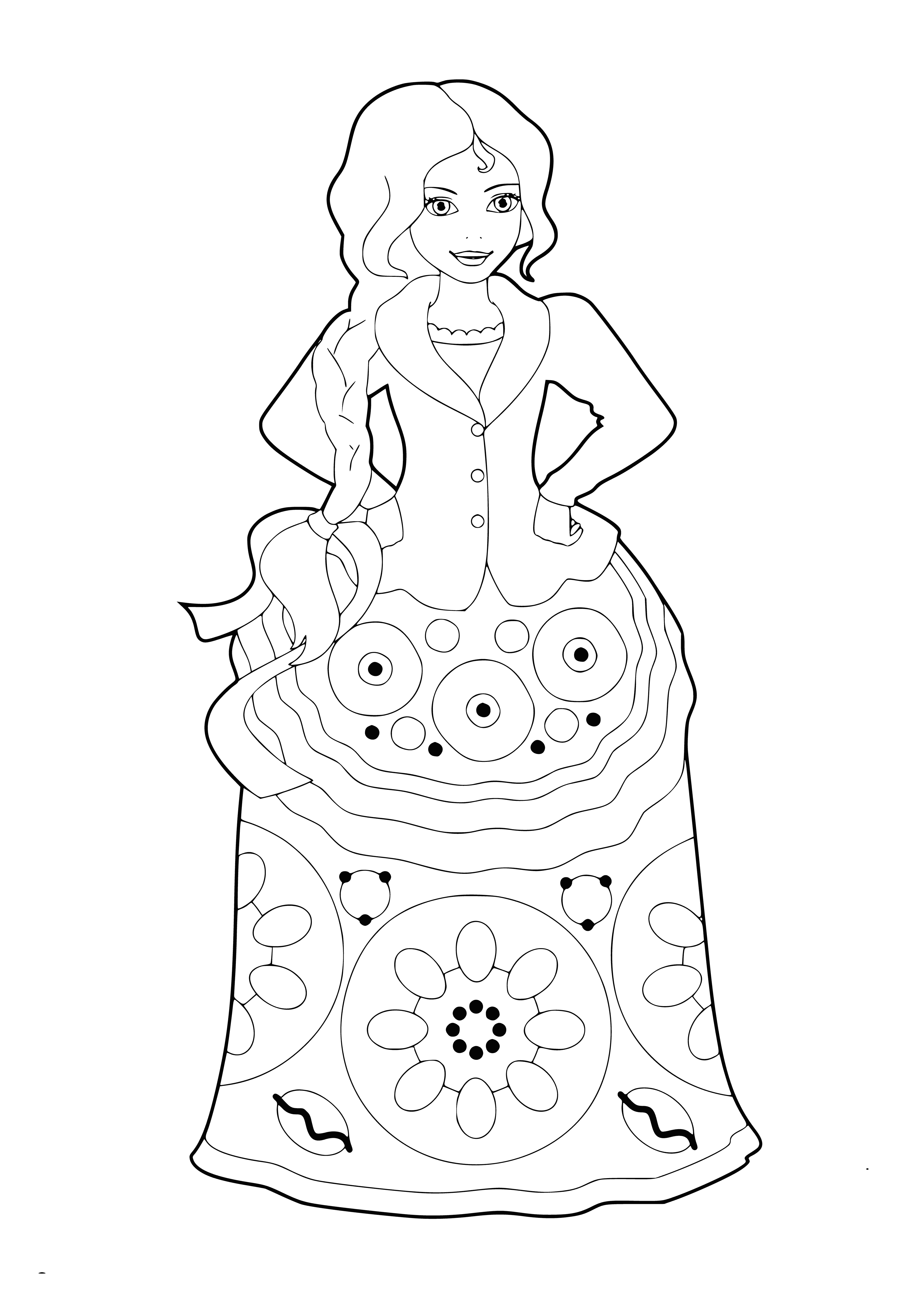 coloring page: Sculpture of young woman nude except for scarf around waist, graciously arm raised, serene expression. #art