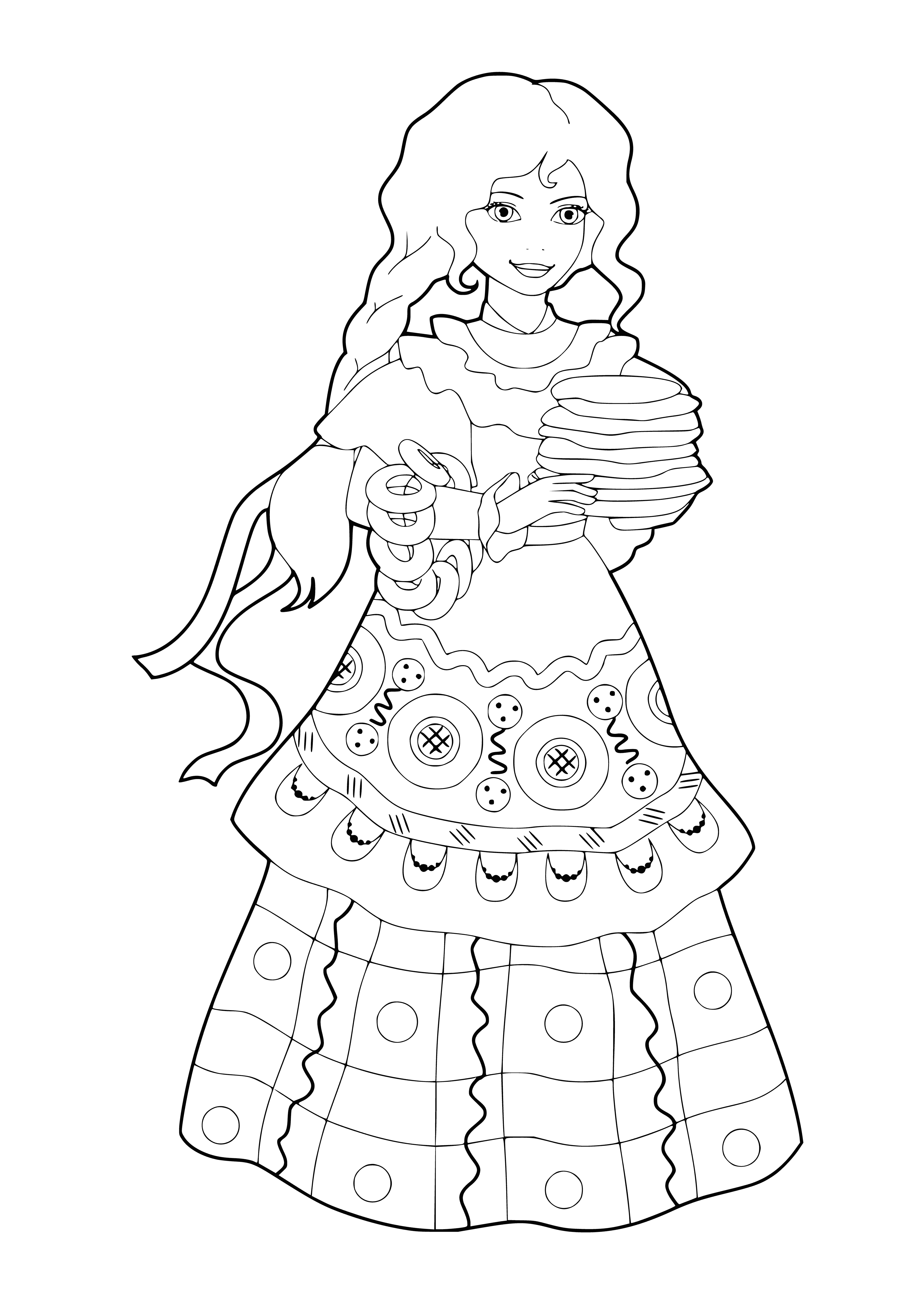 coloring page: Women with beautiful long hair, colorful outfits and flowers in their hair smile at the camera.