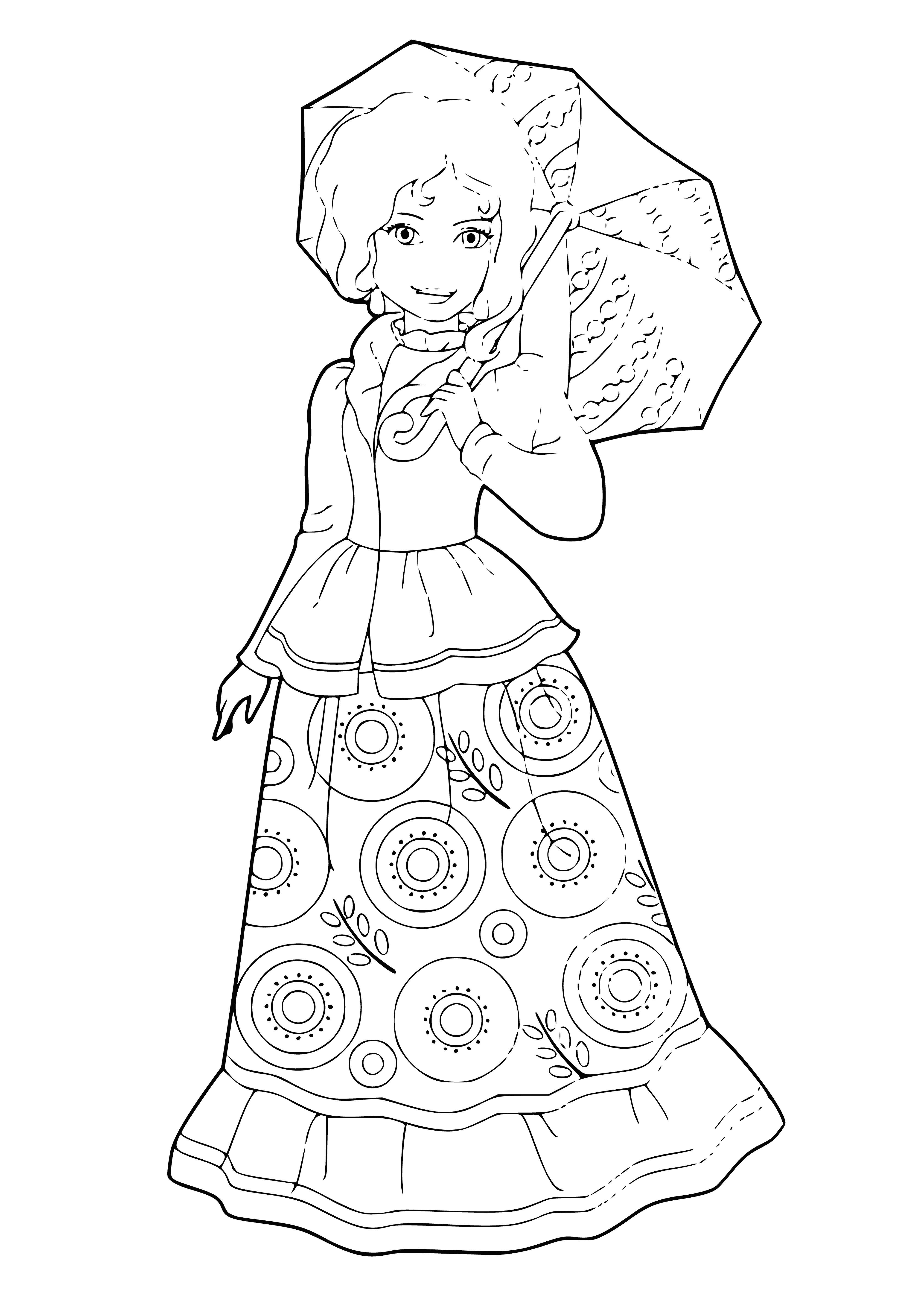 coloring page: A confident woman in a flowing dress stands under an umbrella, her hair blowing in the wind.