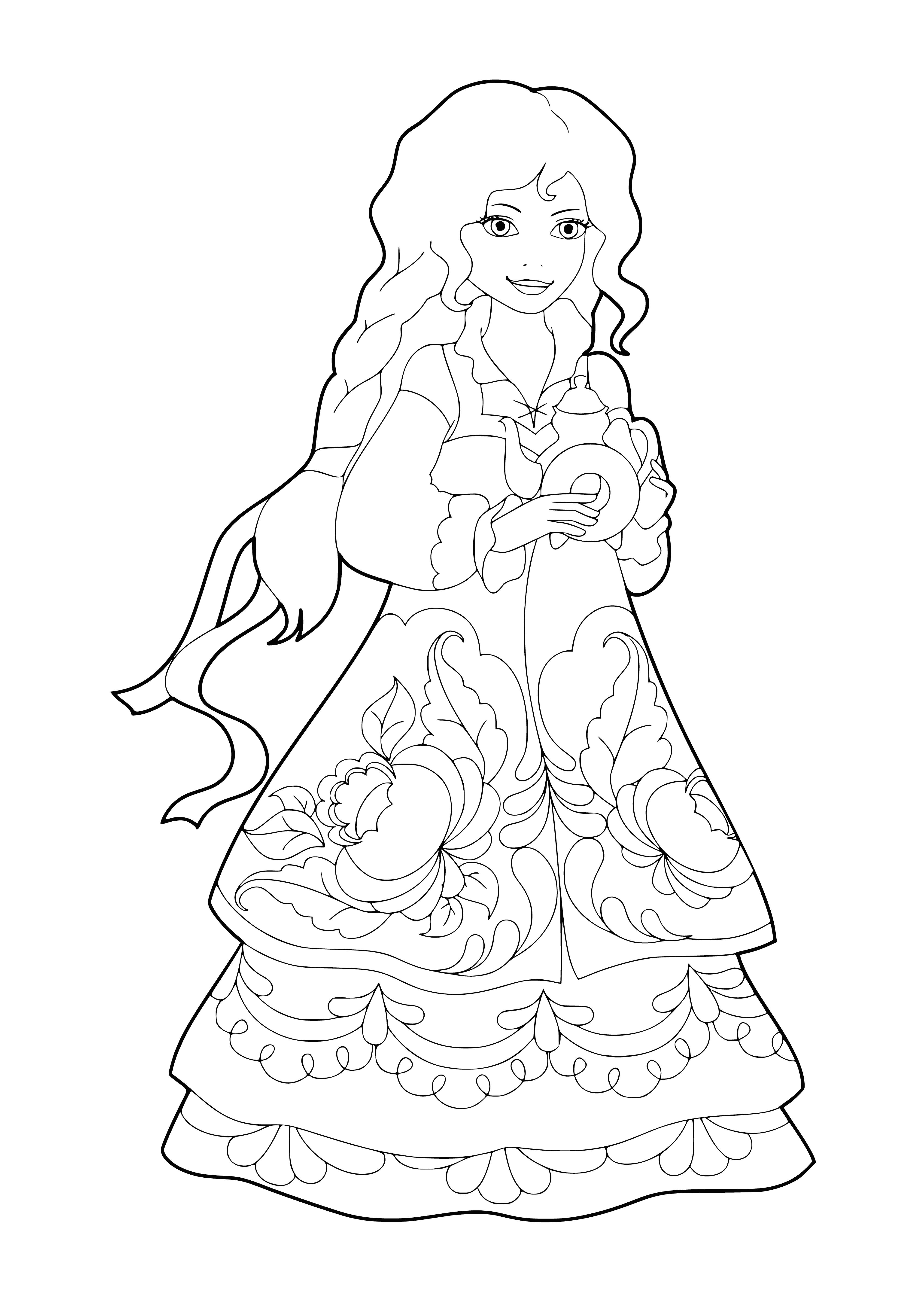 coloring page: 3 beautiful Russian women wearing white dresses, each with a different colored scarf, arms around each other - one looking at camera, two looking away.