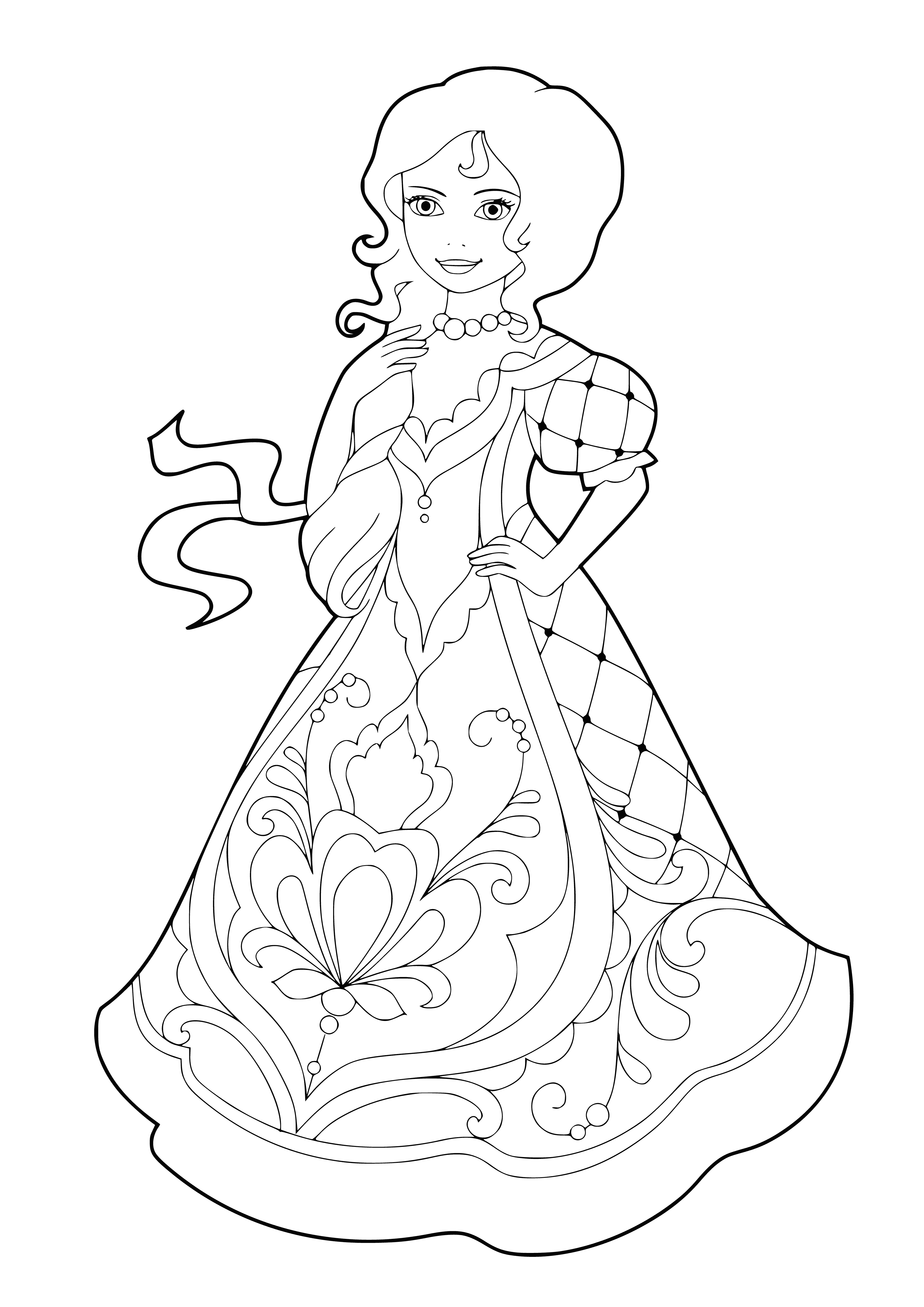 coloring page: Three beauties stand in line, wearing white dresses with intricate designs; long blonde or light brown hair, blue eyes and pale skin.