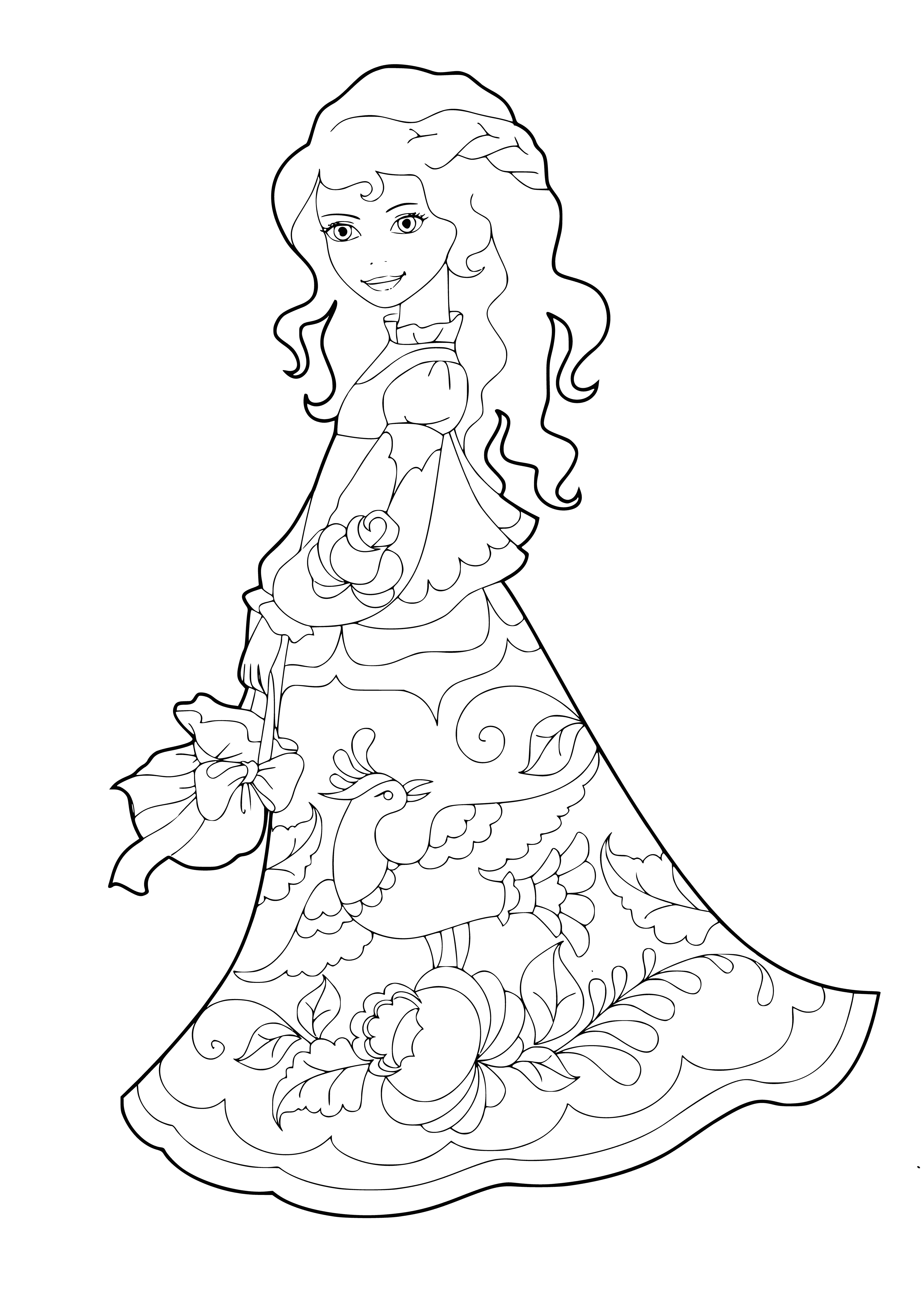 coloring page: Two Russian beauties, blond & blue-eyed, wearing white dresses w/ floral patterns; one sitting & one standing, both smiling.