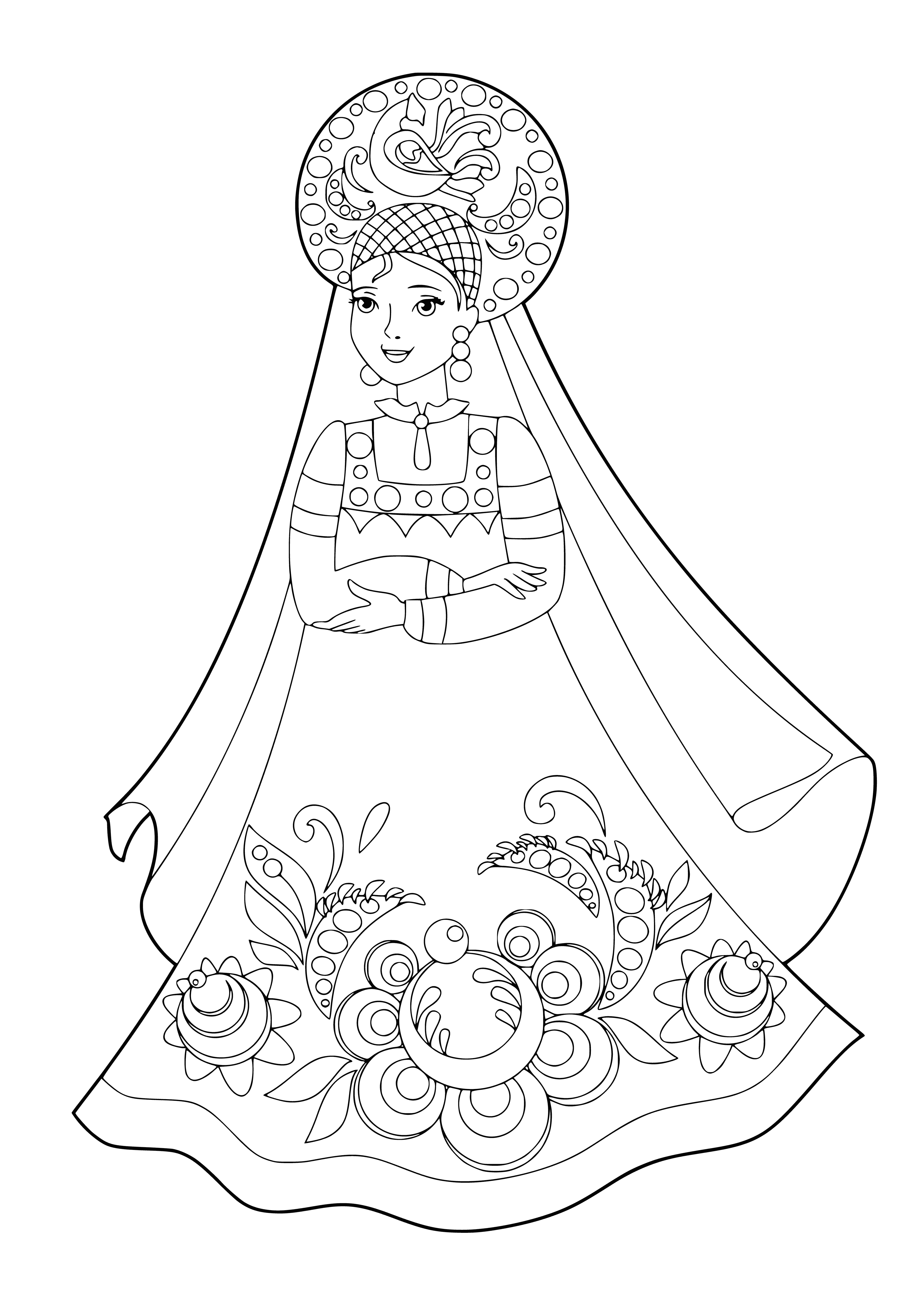 coloring page: 3 elegant Russian ladies in white dresses w/colored flowers in hair look seriously at camera.