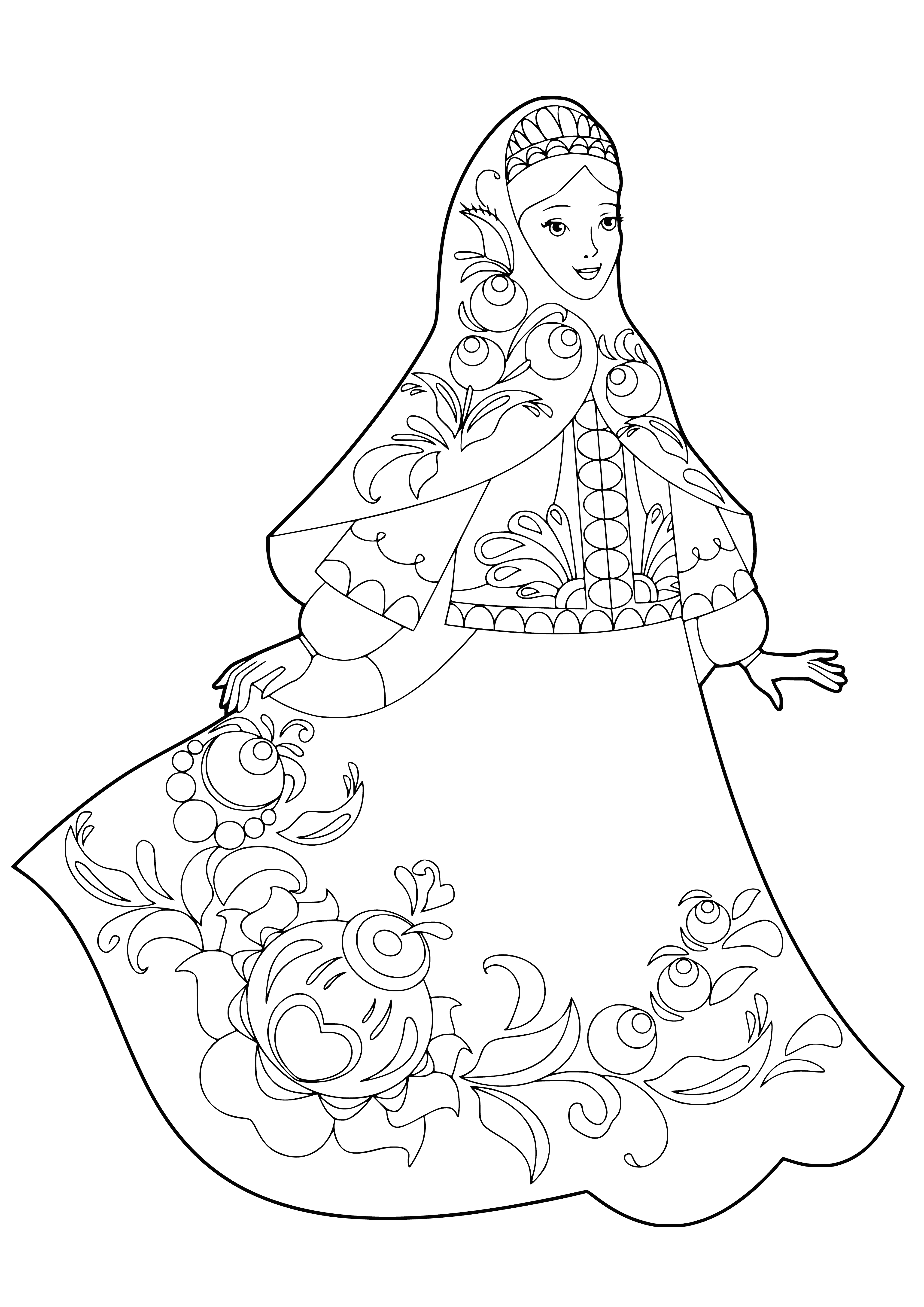 coloring page: Russian beauties in colorful dresses, with long hair, pale skin, and blue or green eyes, enjoying the adoration of those around them.
