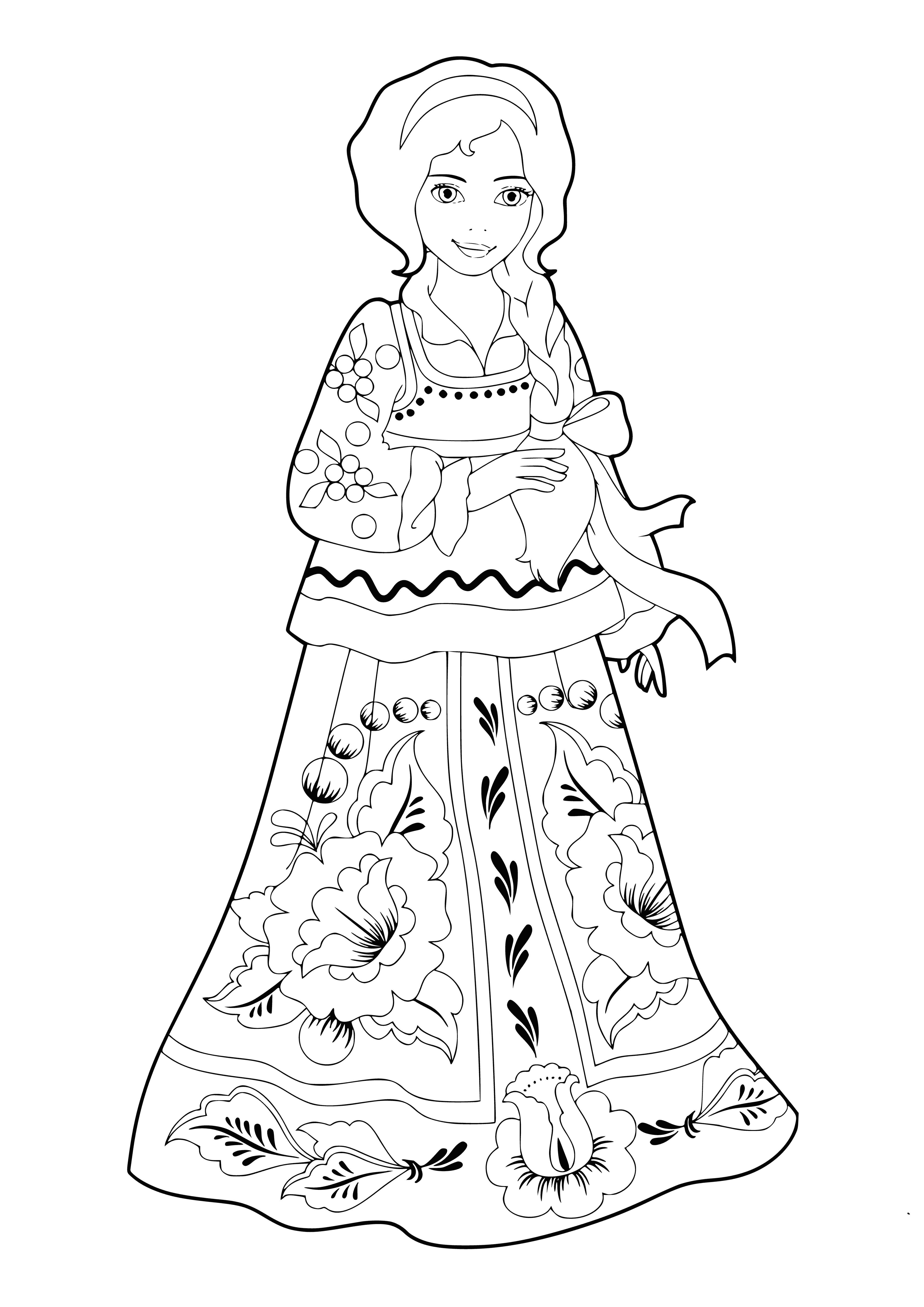 coloring page: Three Russian beauties wearing traditional clothing, holding flowers and smiling happily.
