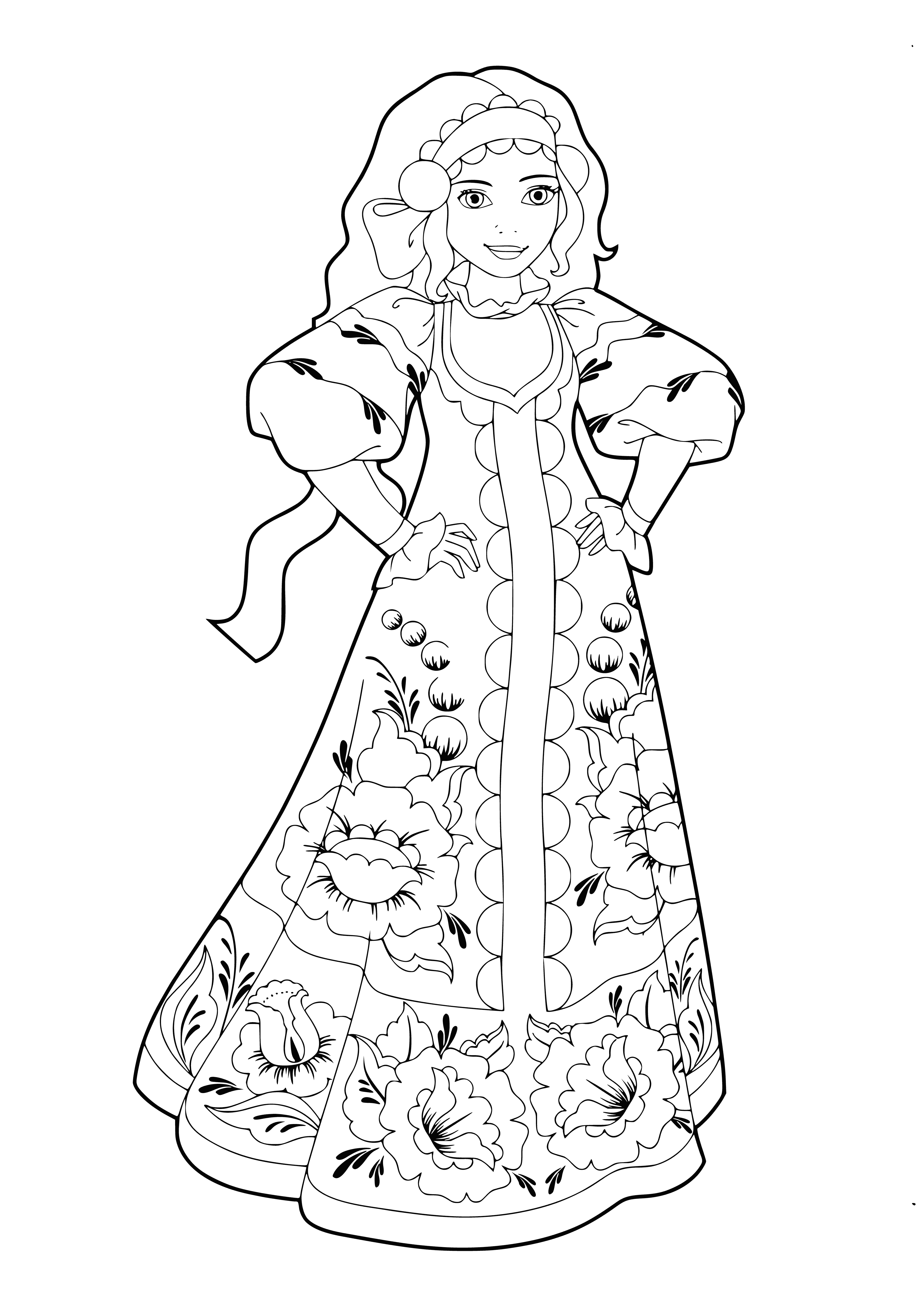 coloring page: Three Russian beauties in green, blue and red dresses, smiling with arms crossed.