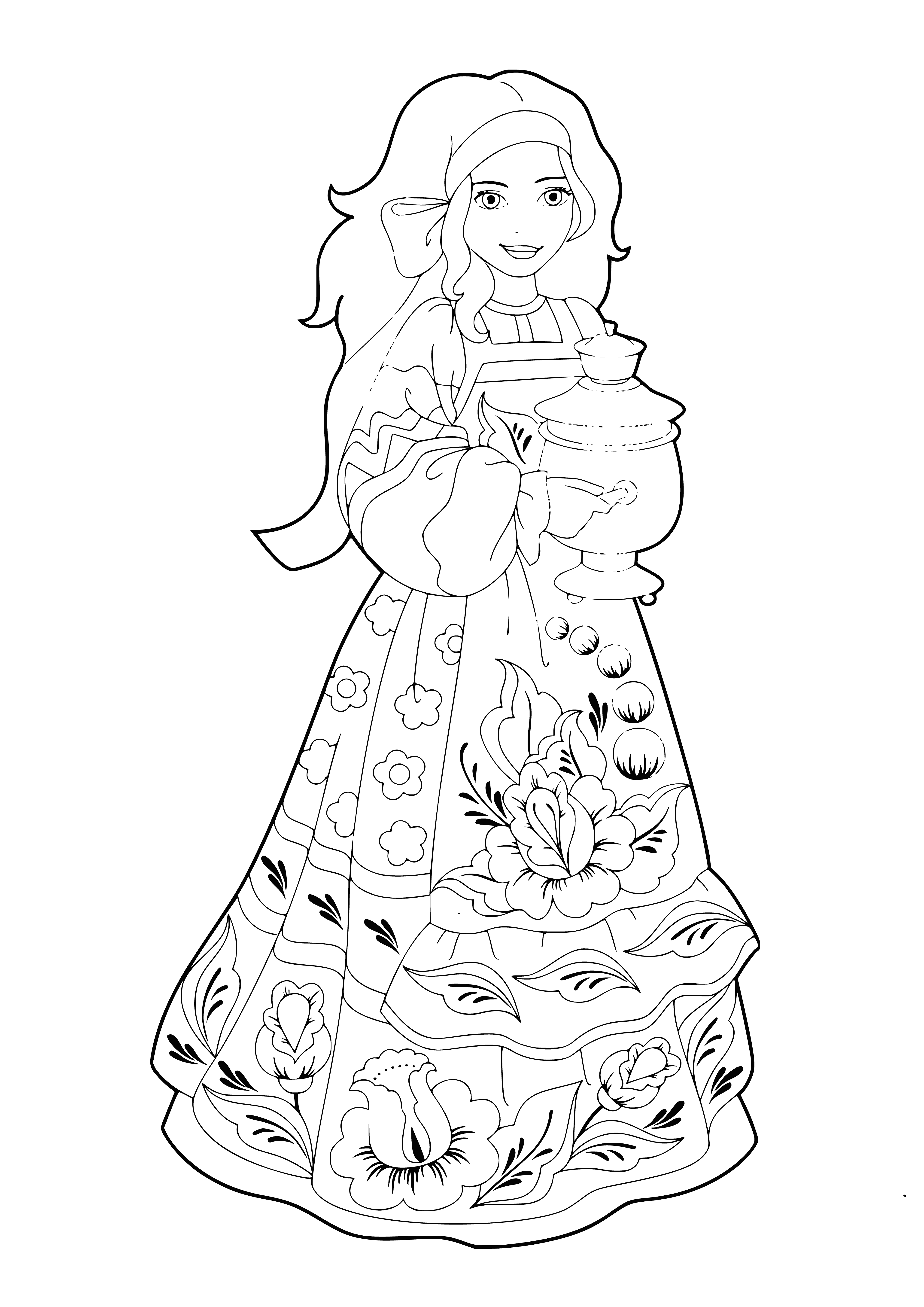coloring page: Woman in traditional dress, smiling at viewer, stands next to samovar in Russian landscape.