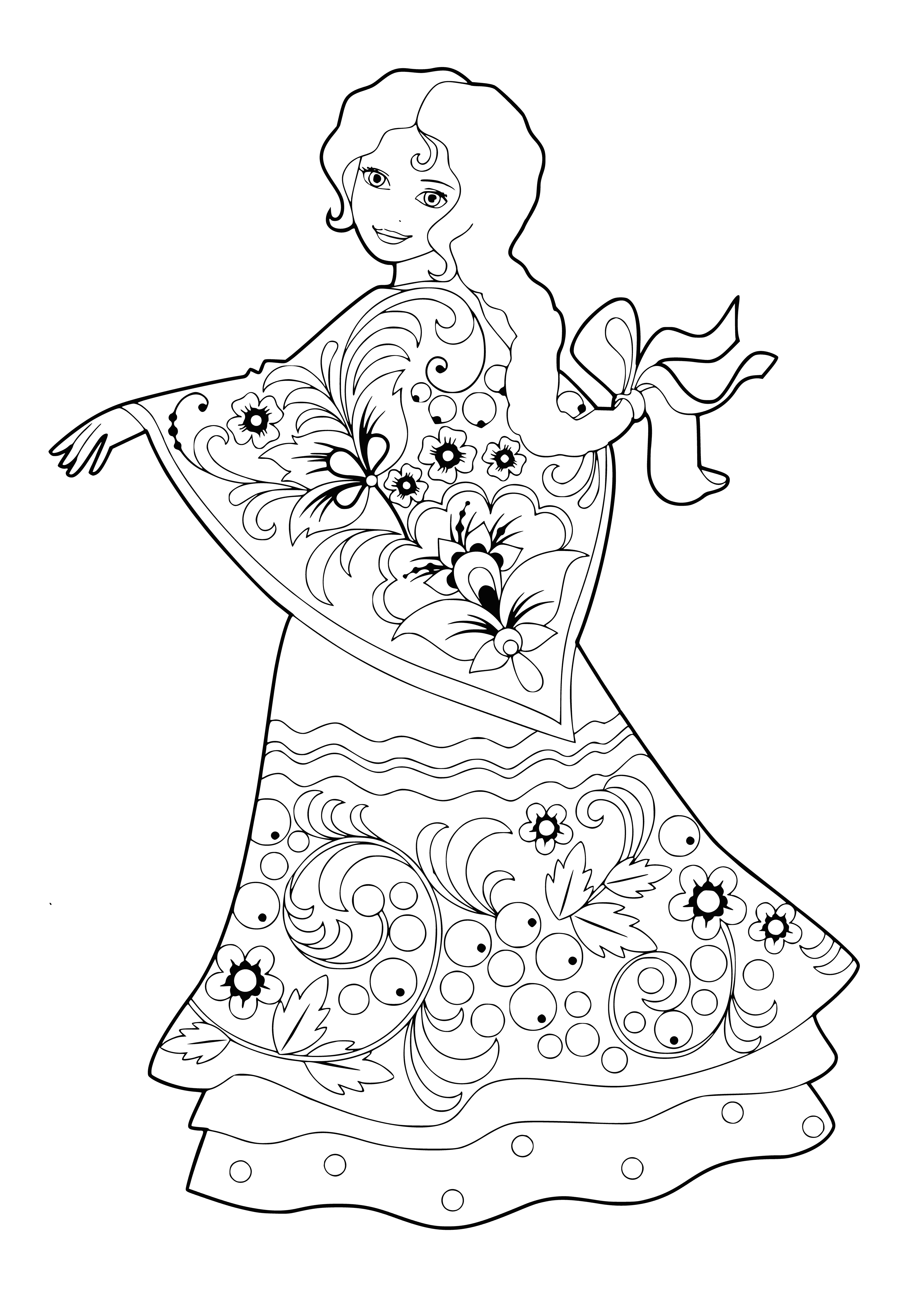 coloring page: Group of beautiful Russian women in white dresses pose smiling & looking at camera with bright blue eyes.
