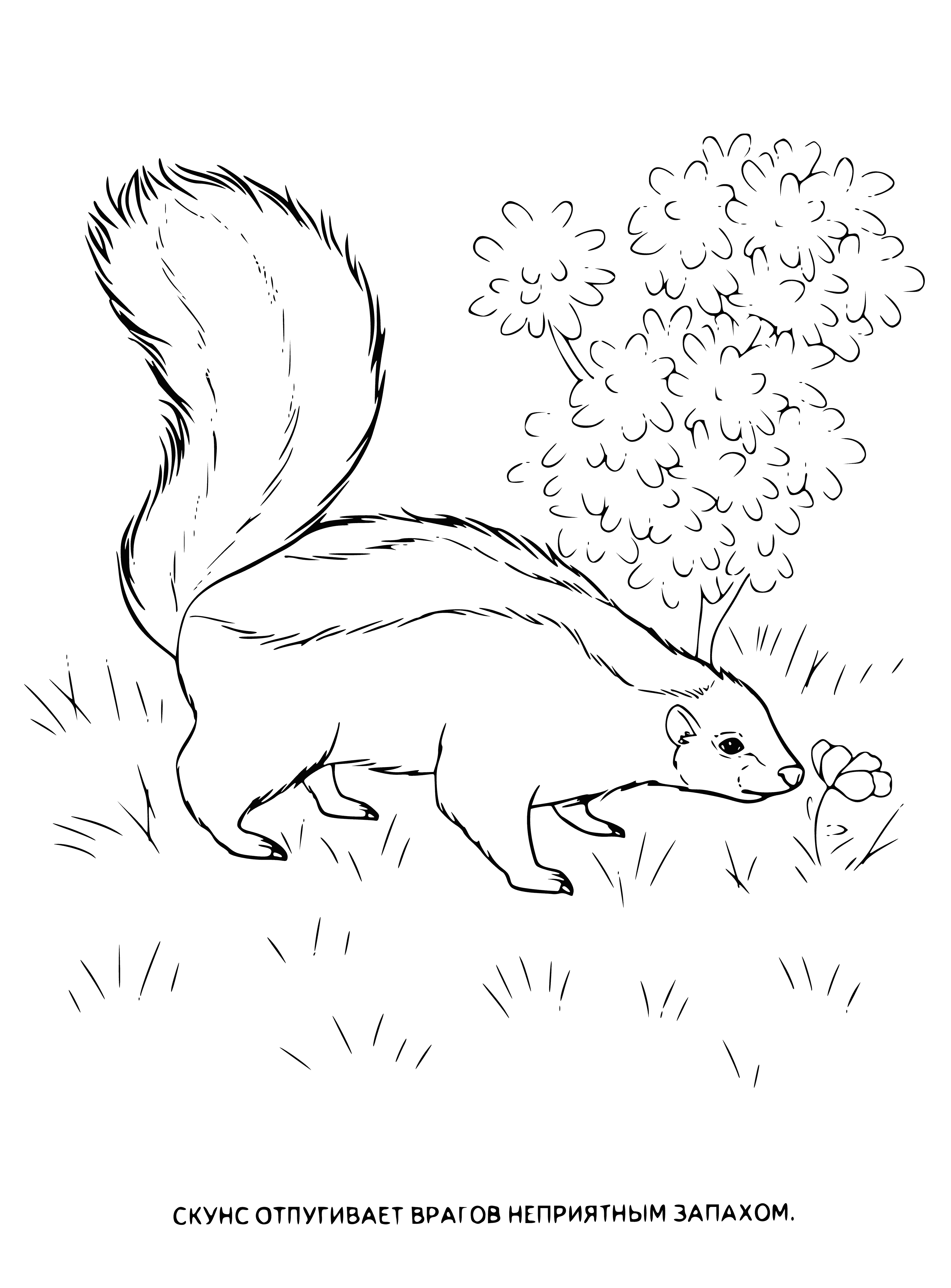 coloring page: Skunks are small, black-and-white mammals with striped coats, long tails and strong, defensive odors.