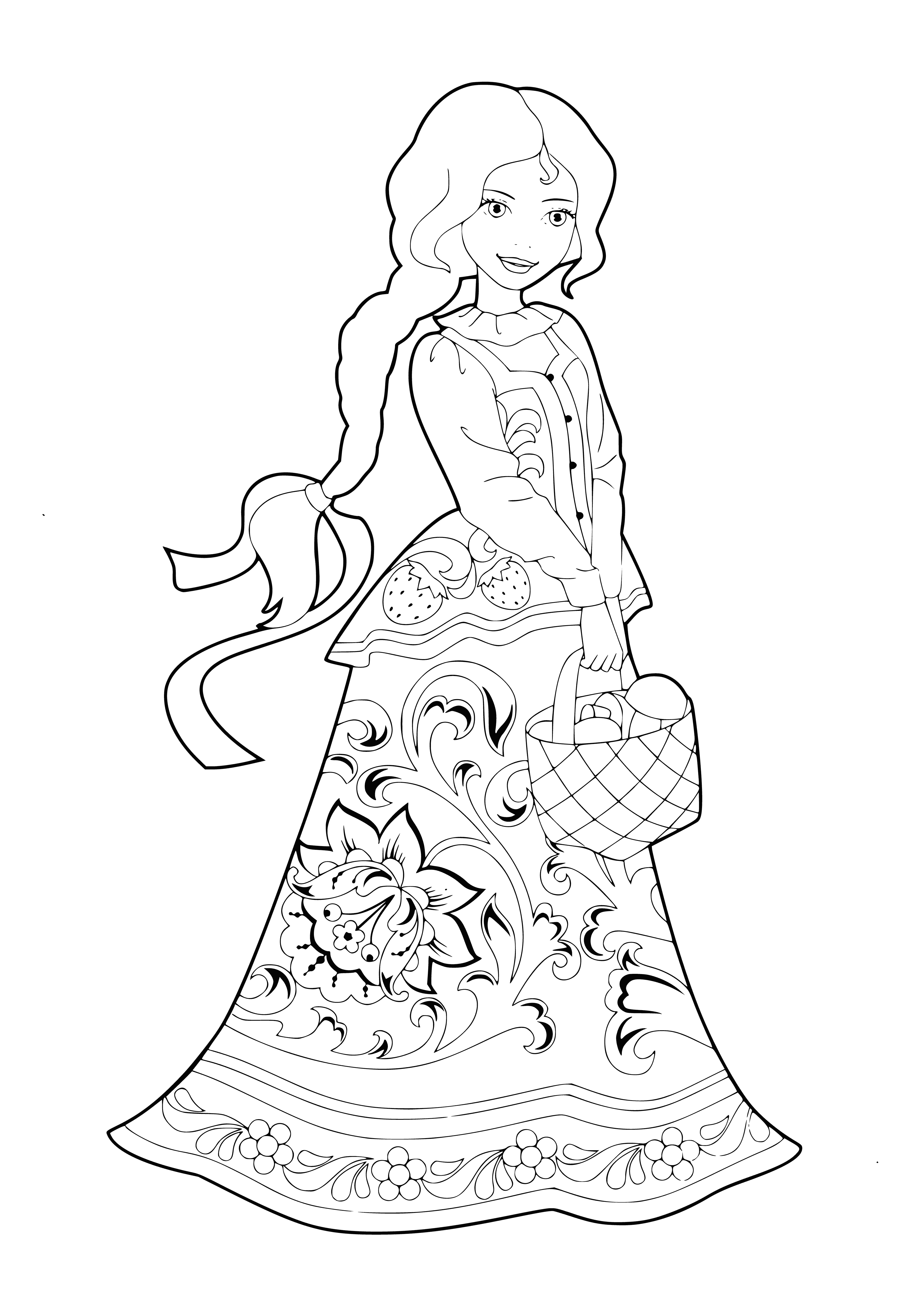 coloring page: Five beautiful women, flowy hair, blue/green eyes, light-colored dresses; two holding flowers; central woman is holding a child.