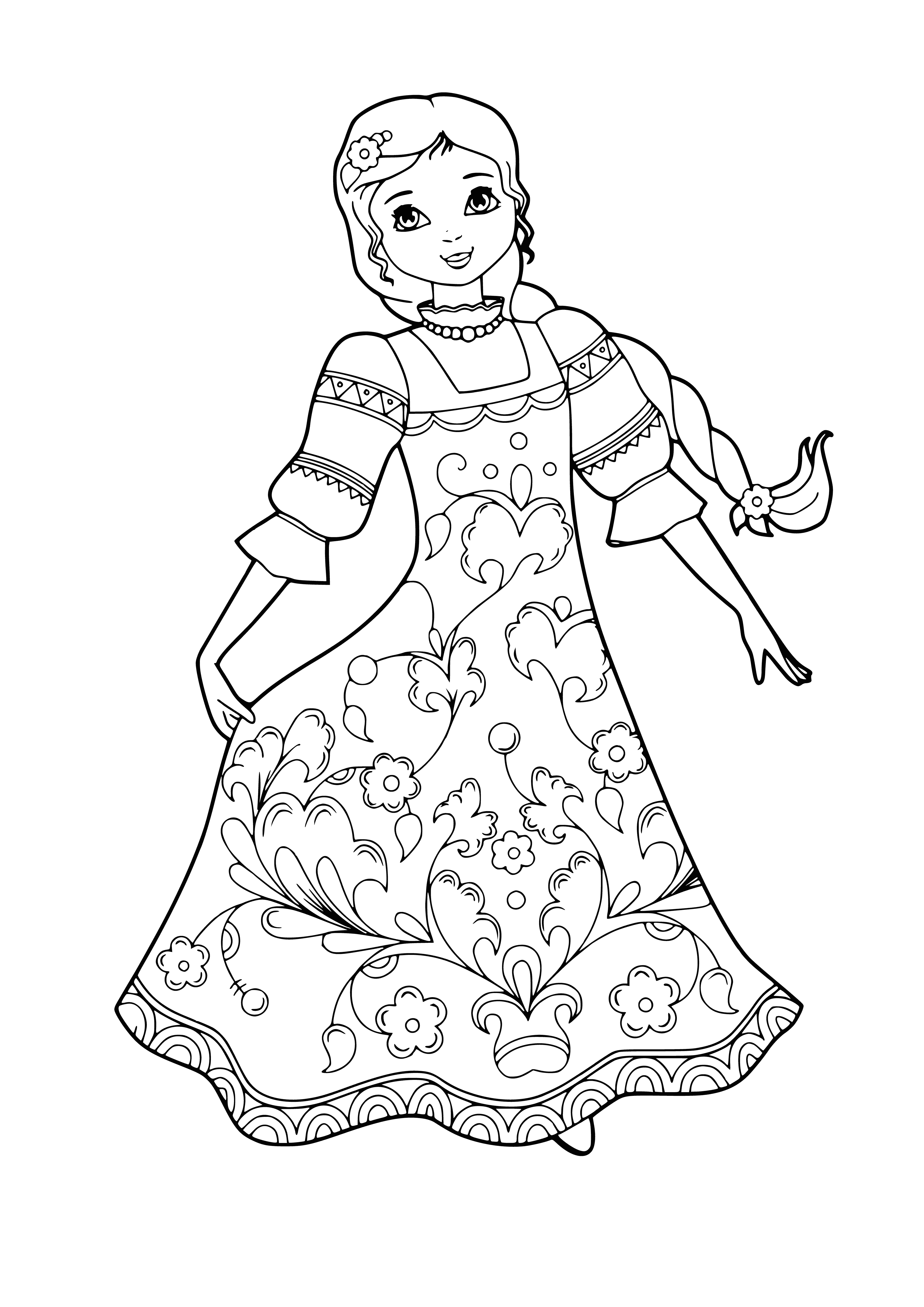 coloring page: Girl in traditional Russian dress stuns with long, flowing brown hair, deep brown eyes, flawless olive skin. Looks like a fairy tale!