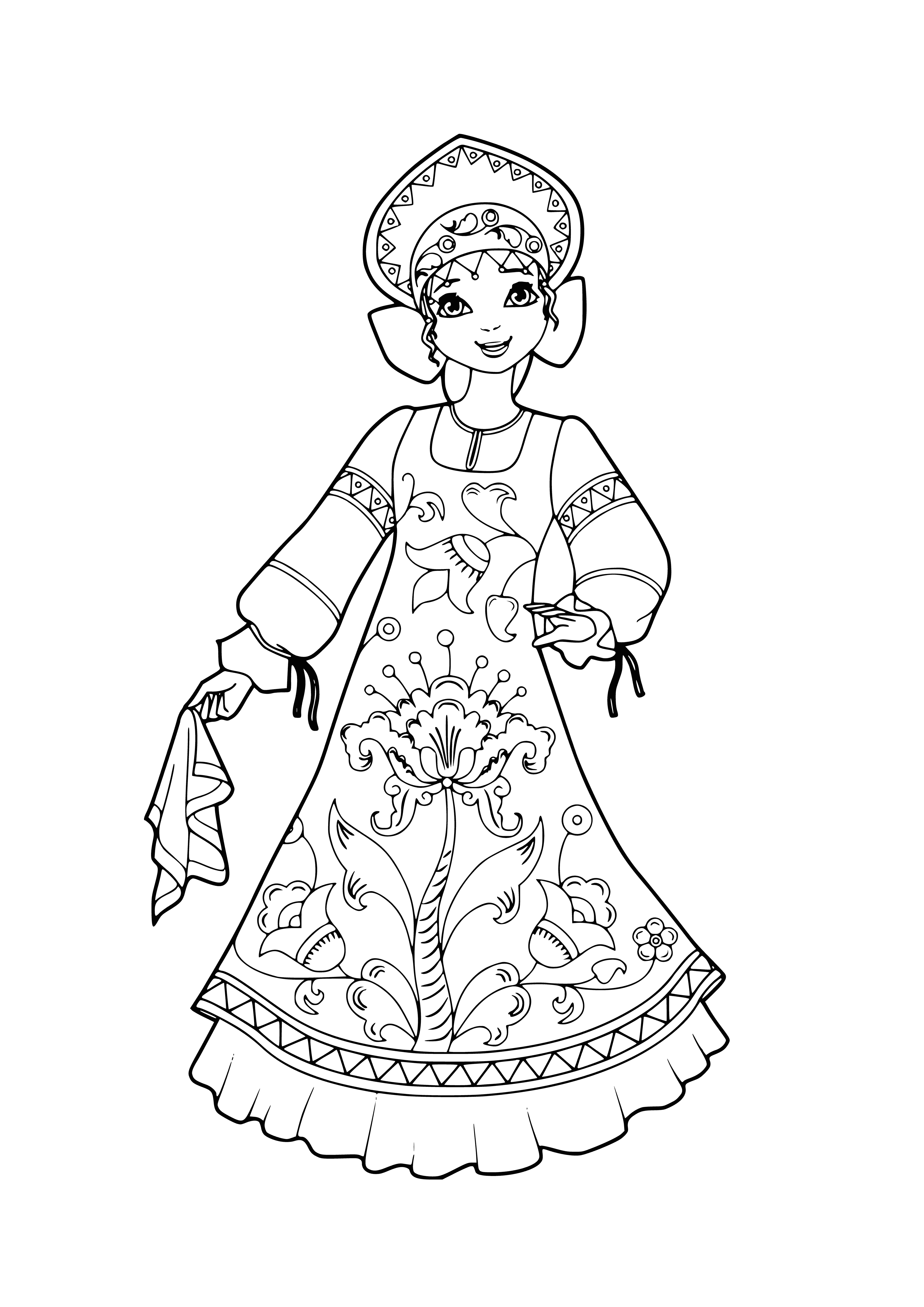 coloring page: Two Russian beauties stand in front of a brick wall with blonde/blue and dark/green hair/eyes in white/red dresses, smiling. #coloringpage