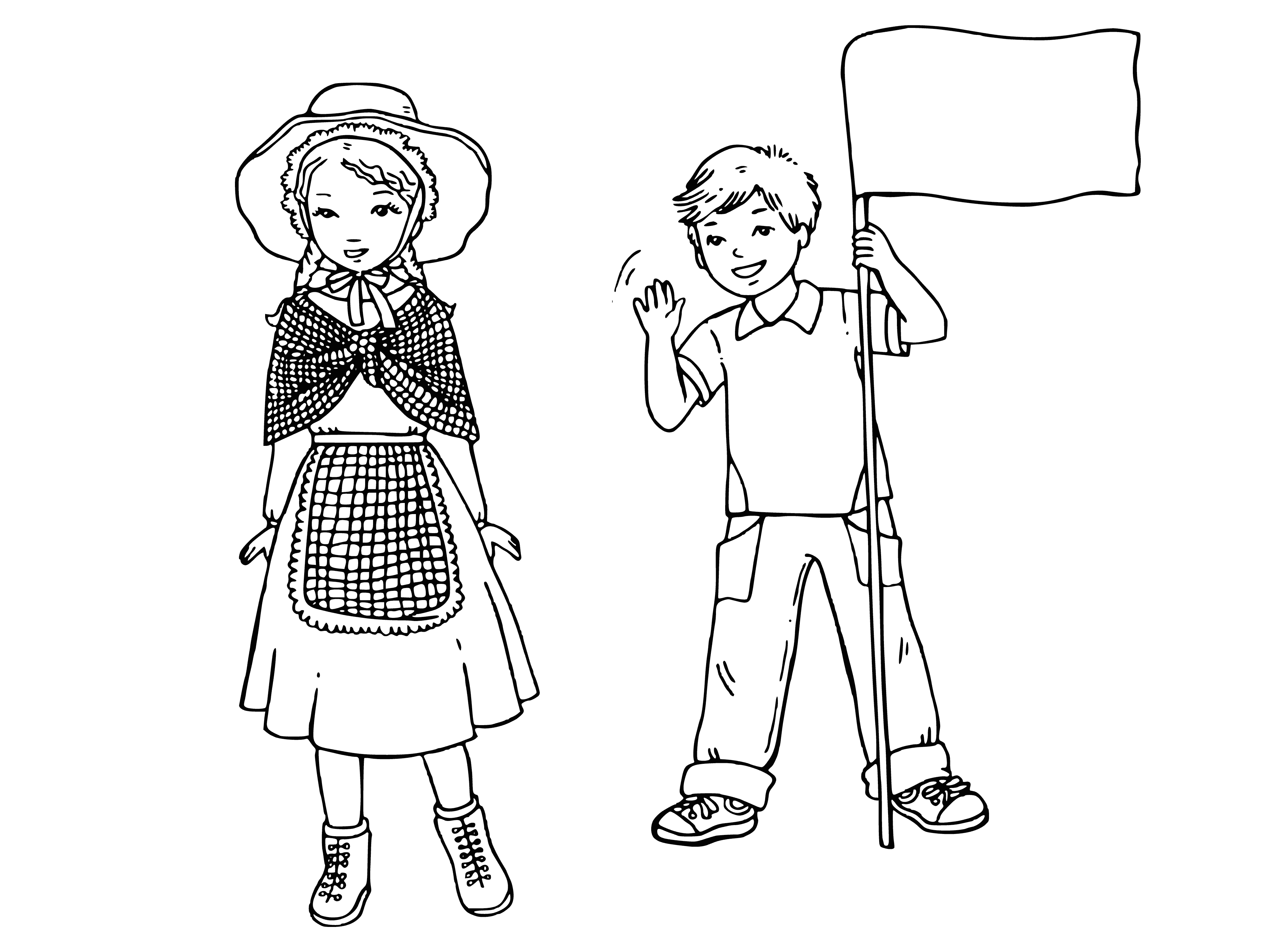 coloring page: Boy & girl side-by-side wearing traditional English attire: boy-brown suit/white shirt/red tie, girl-red dress/white collar/black belt, black shoes.