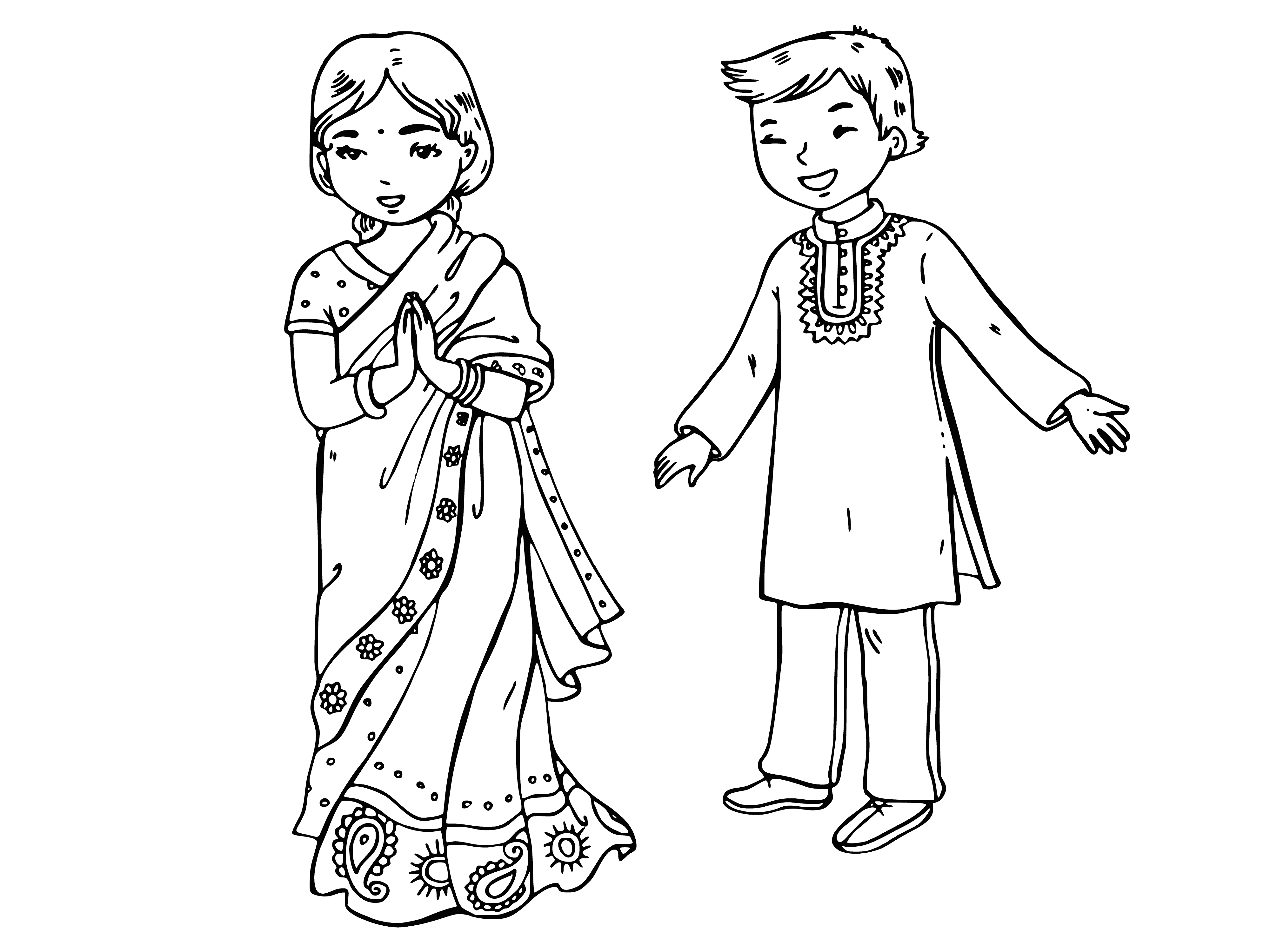 coloring page: Kids in Indian attire: girl in red & white sari w/ gold jewelry, boy in white tunic w/ gold trim & red scarf.