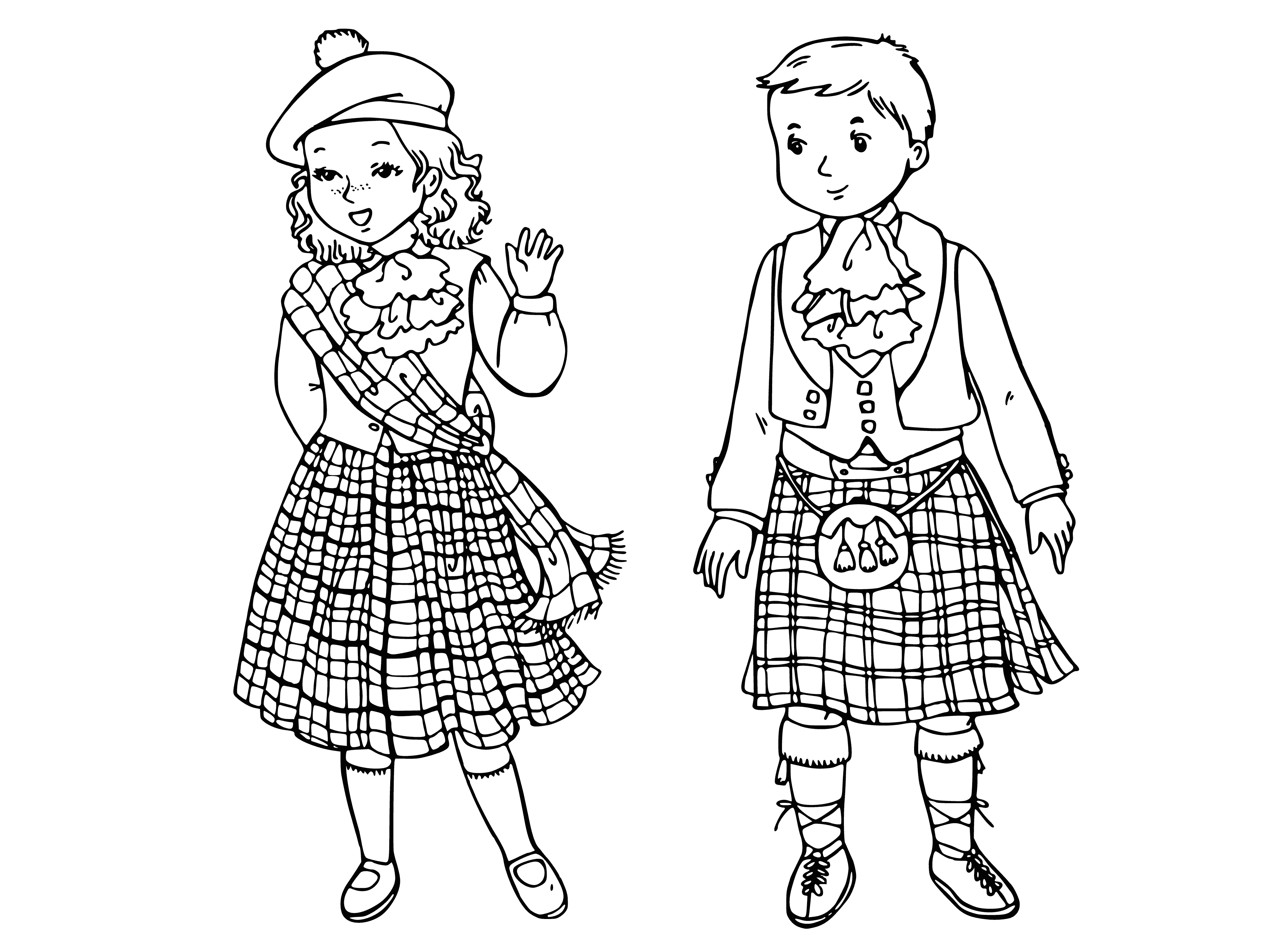 coloring page: Two Scottish children in traditional attire: boy w/ kilt, sporran & girl w/ tartan skirt, blouse & shawl.