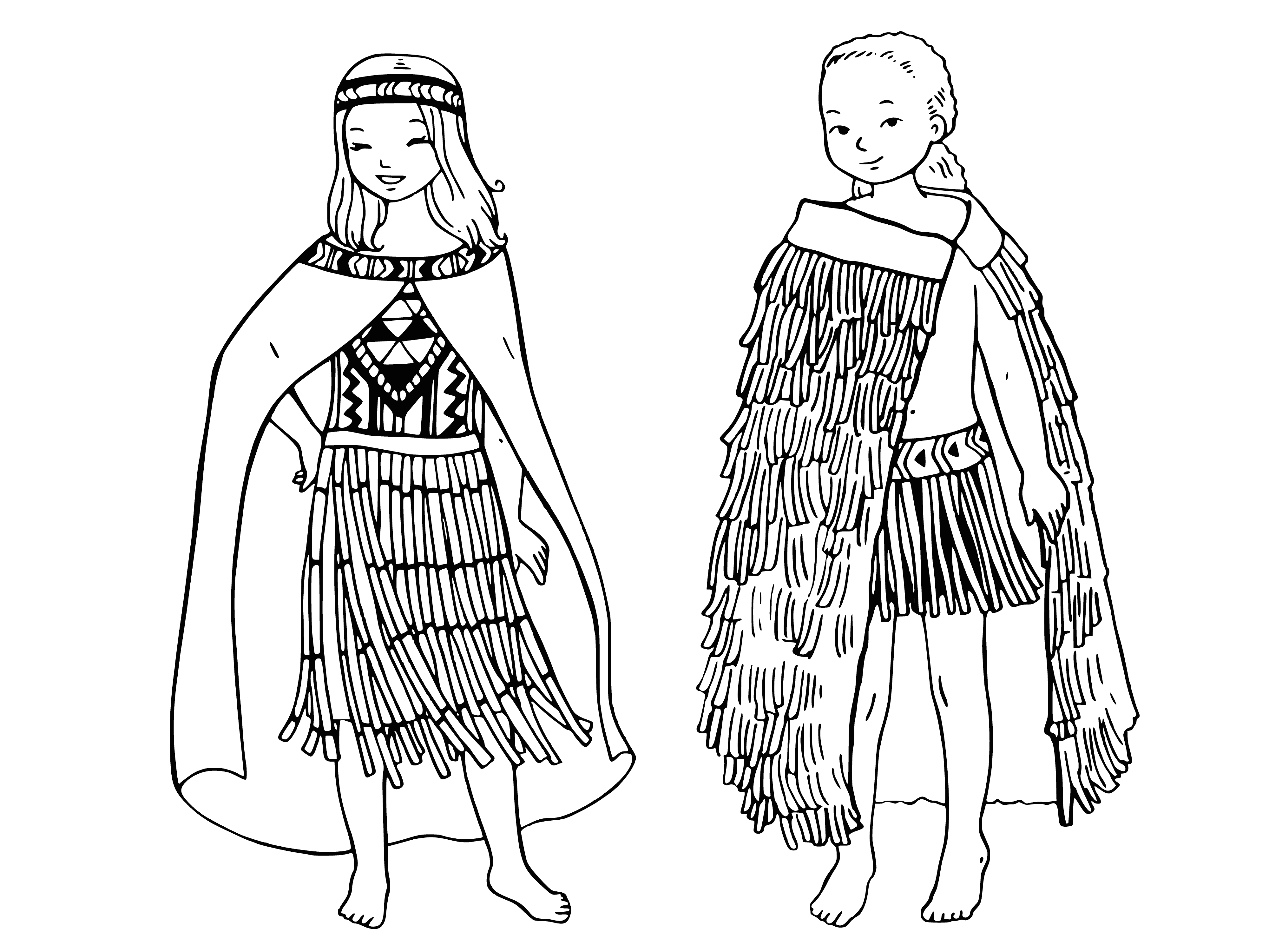 coloring page: Two kids in traditional Maori clothing: boy in shirt & pants, girl in dress & sash, both wearing black shoes. #MaoriCulture