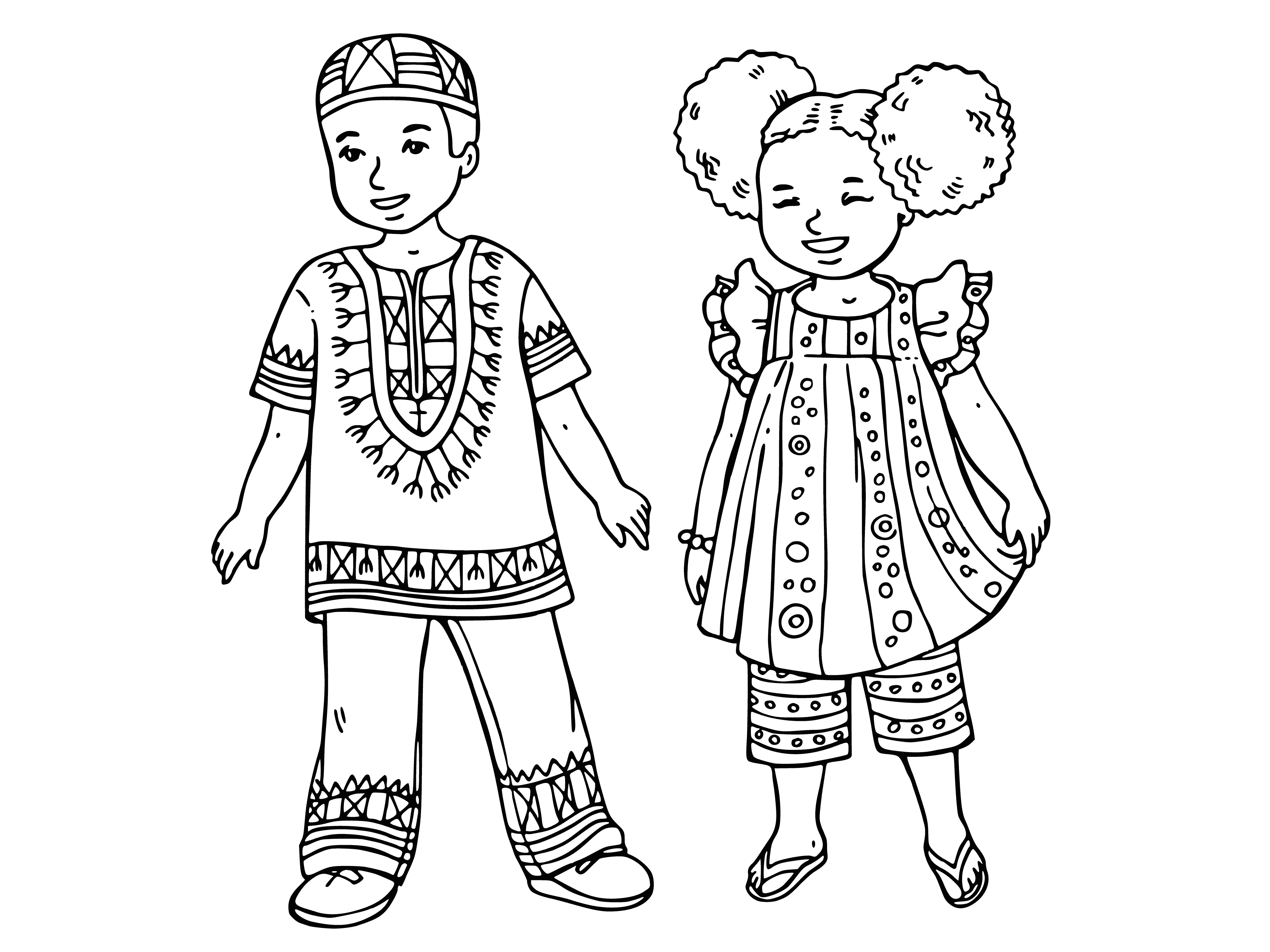 coloring page: Coloring page of African children wearing traditional clothing: long, brightly-colored dress, loose pants and shirt, plus turbans. #Tradition #Culture