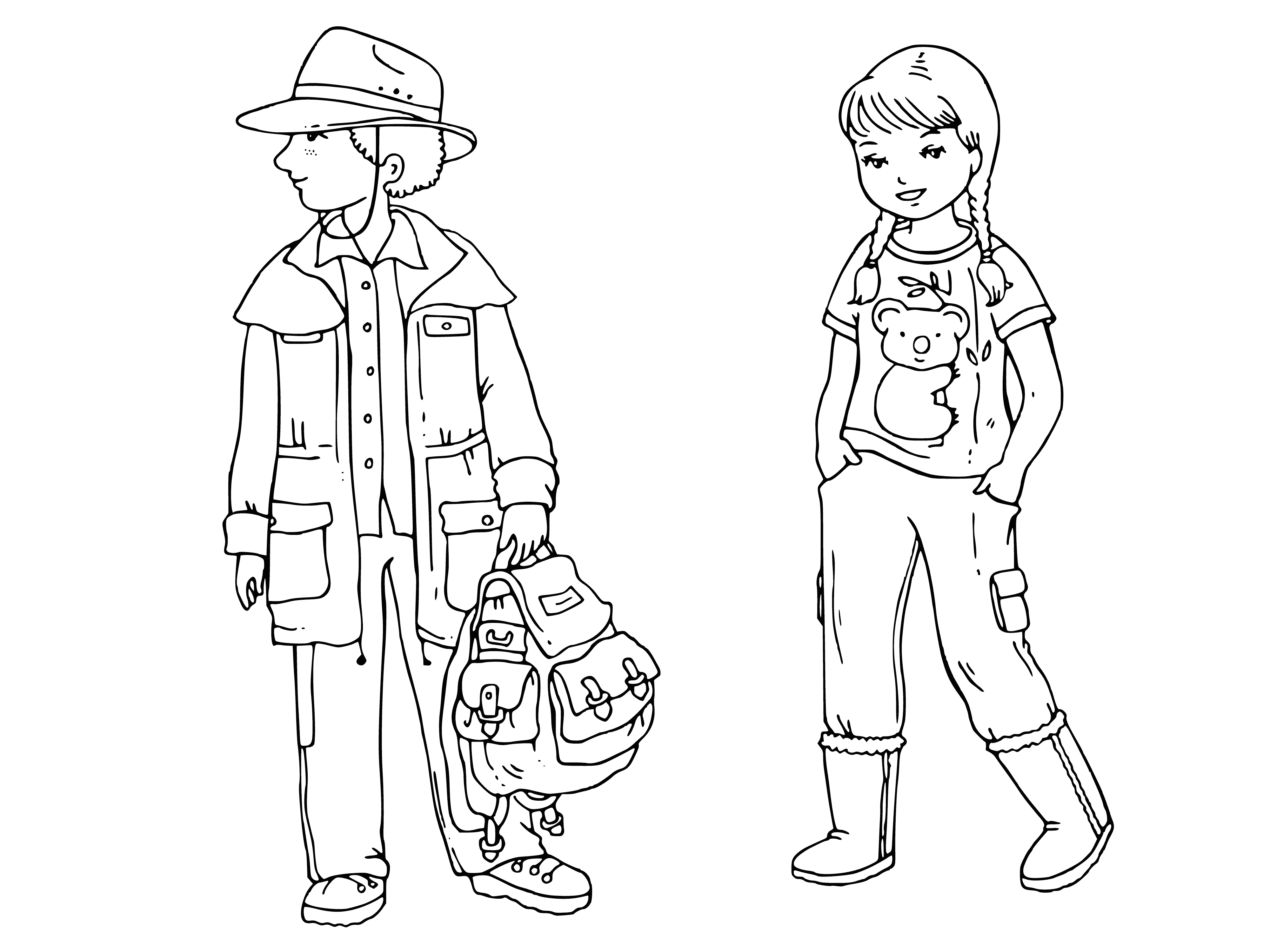 coloring page: Australian children in national costumes: girl in red dress/white apron, bonnet; boy in white shirt/black pants, black hat, knife in belt. #culture