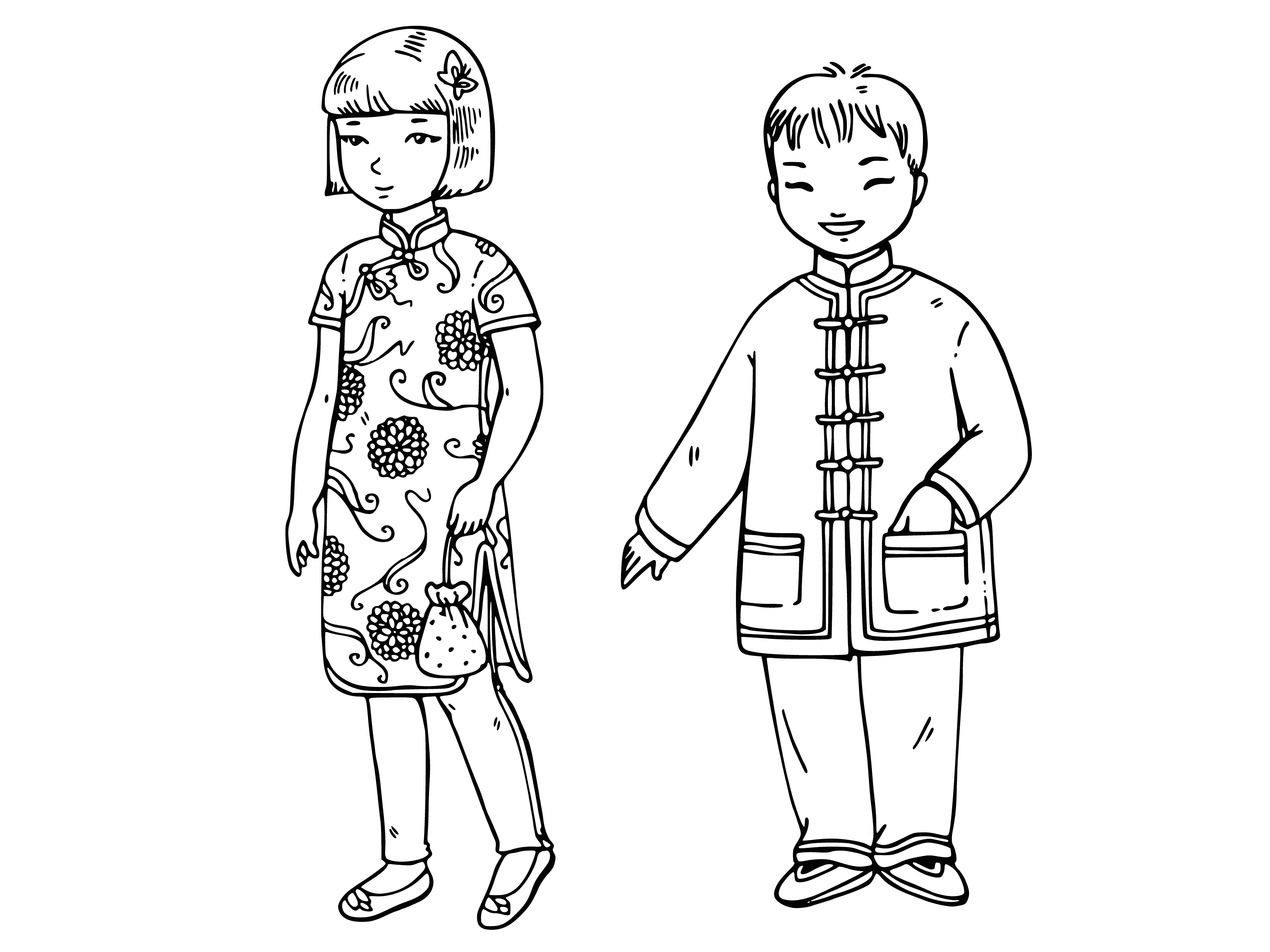 coloring page: Two Chinese children wearing trad. National costumes: girl red dress, gold detailing; boy blue robe, white detailing. Both with straw hats. #OrientalCulture