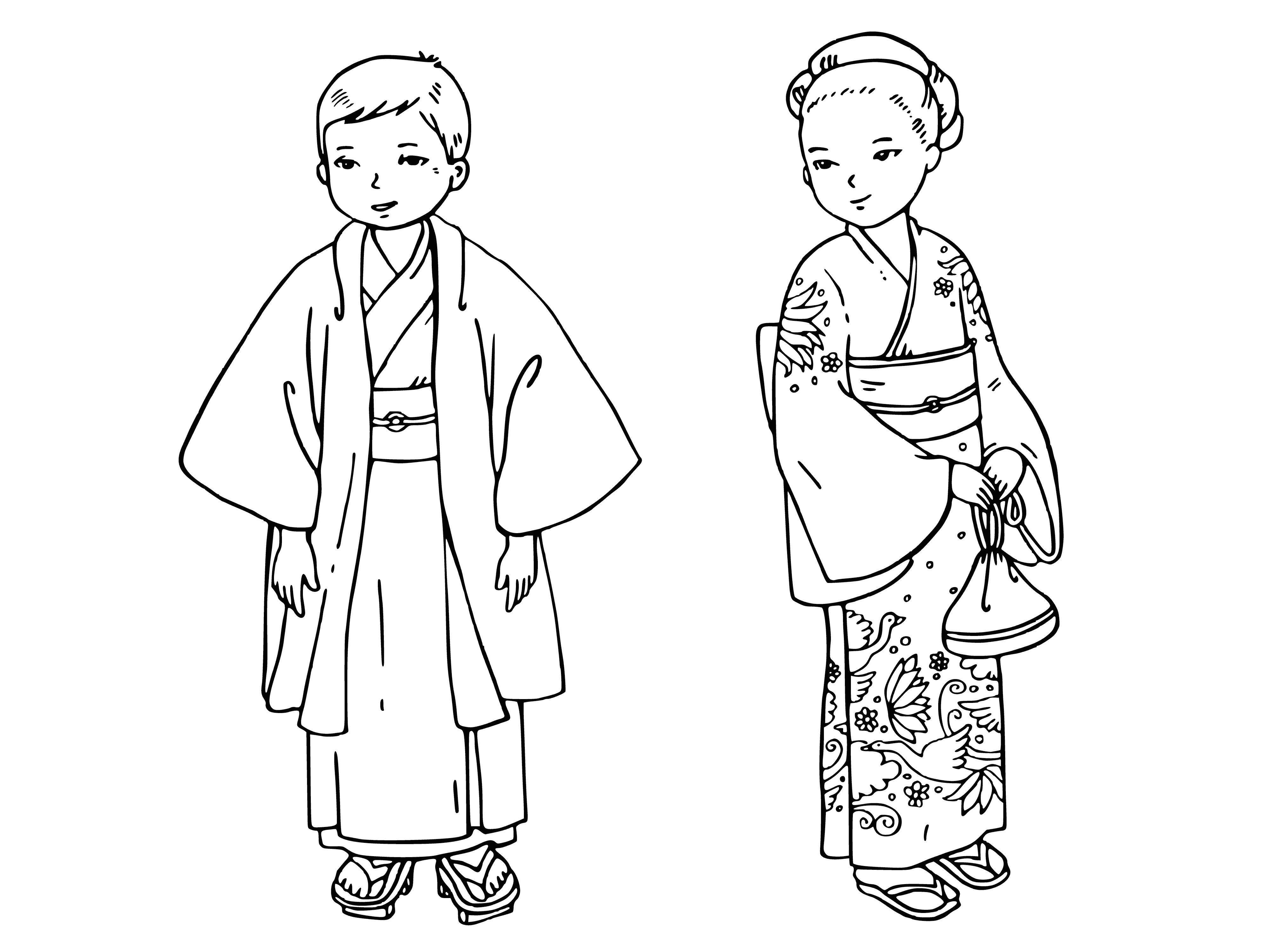 coloring page: Two Japanese children in kimonos on coloring page: girl in red & white flowers; boy in blue & white flowers; both have black hair.