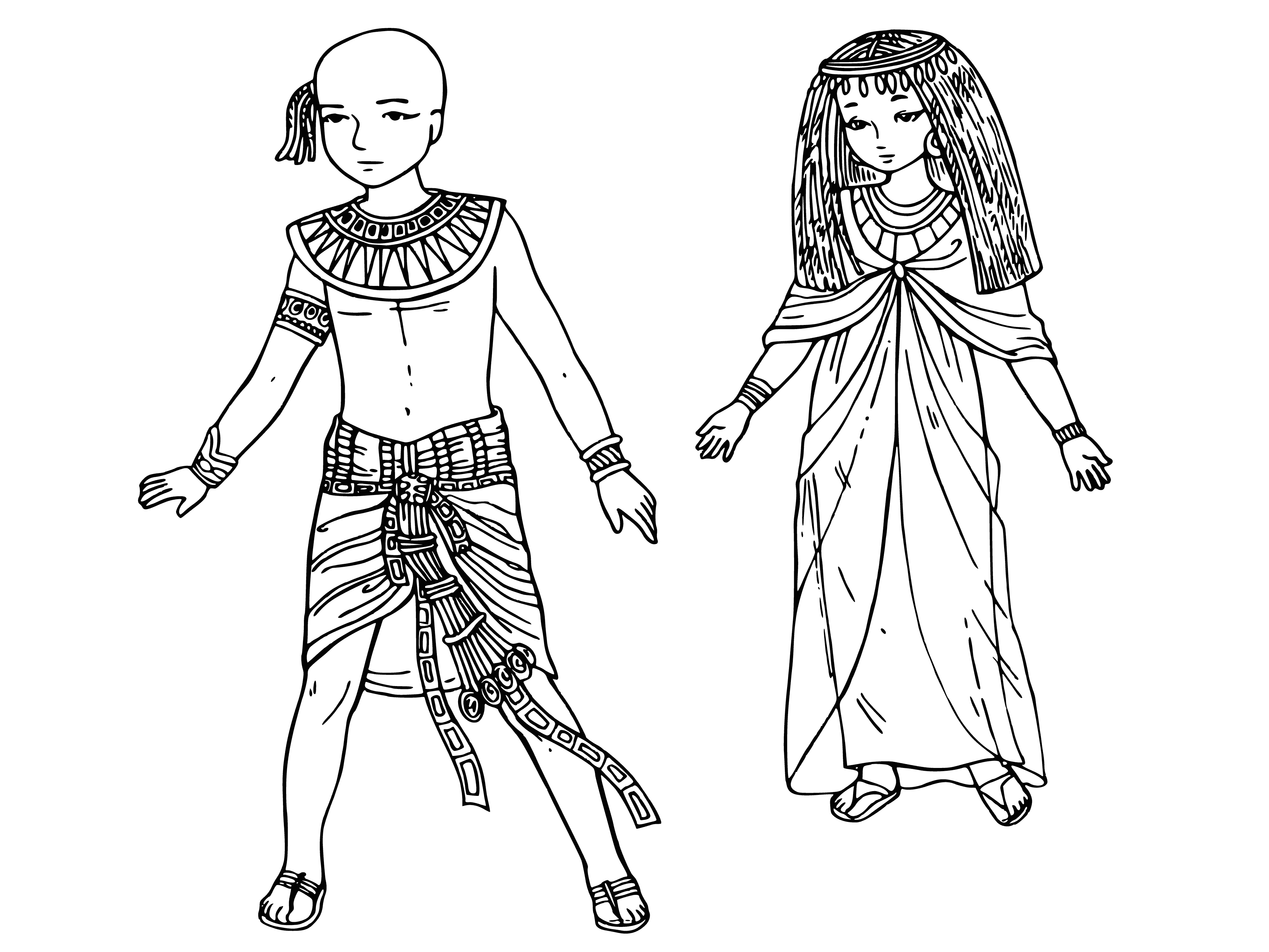 coloring page: Two Egyptian children, shirtless & wearing kilts, gold headbands, staff. 1 w/ gold cape, both w/ sandals. #Egyptian #ColoringPage