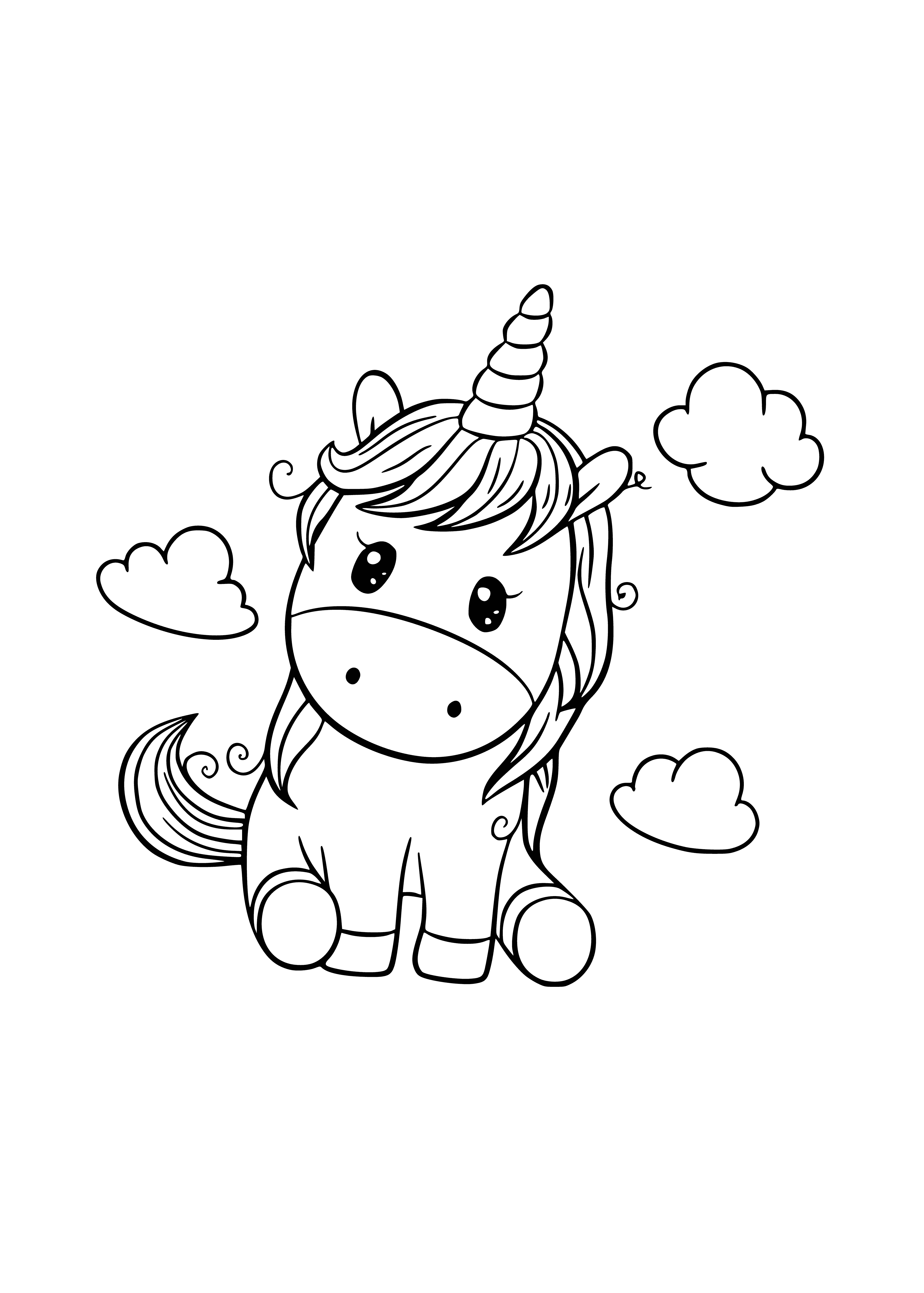 coloring page: A unicorn soars through the sky surrounded by fluffy clouds in a beautiful blue sky.