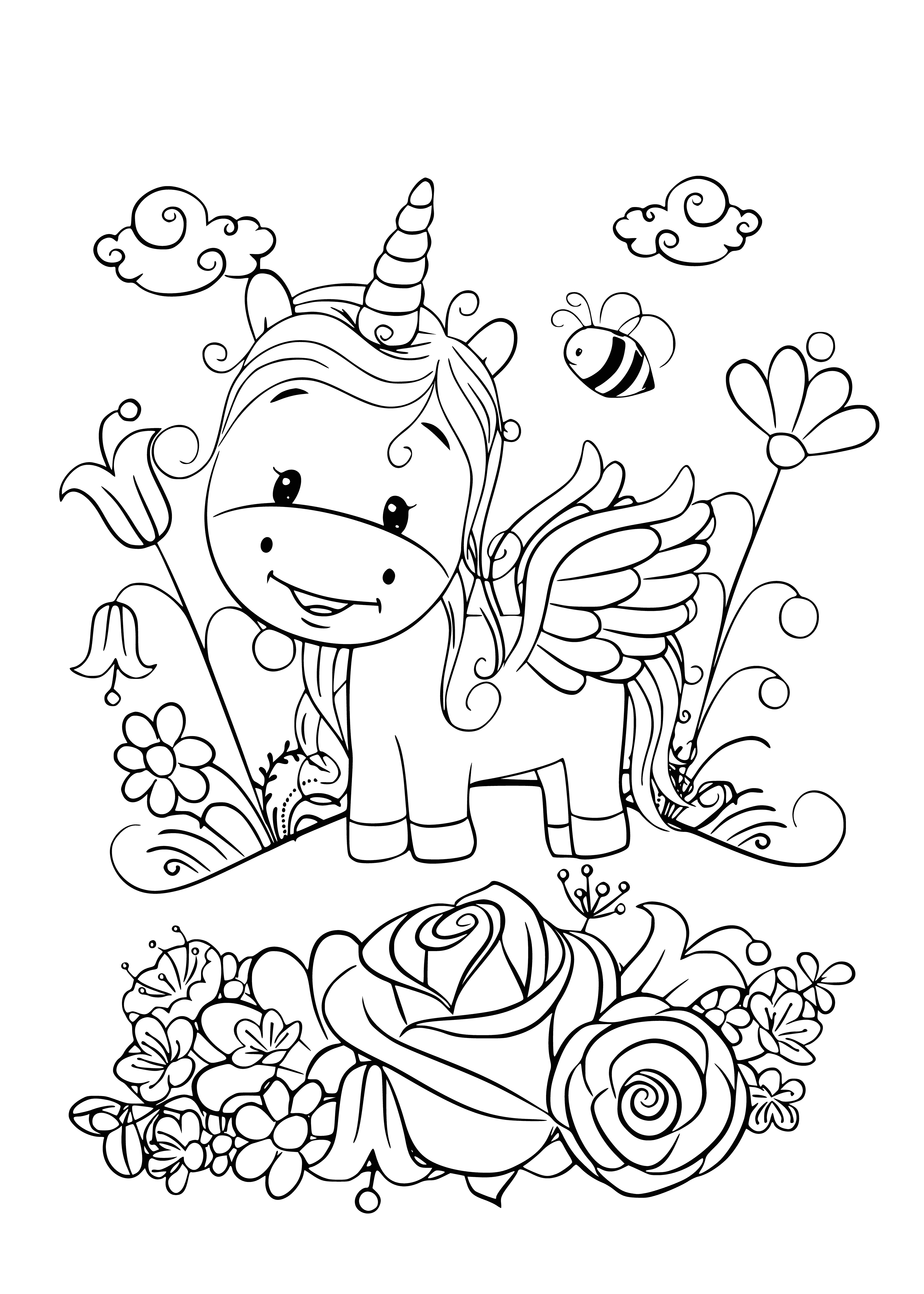 coloring page: Two unicorns in a meadow with different manes/tails, wings and a horn, set amongst flowers in Kawaii cute coloring page.