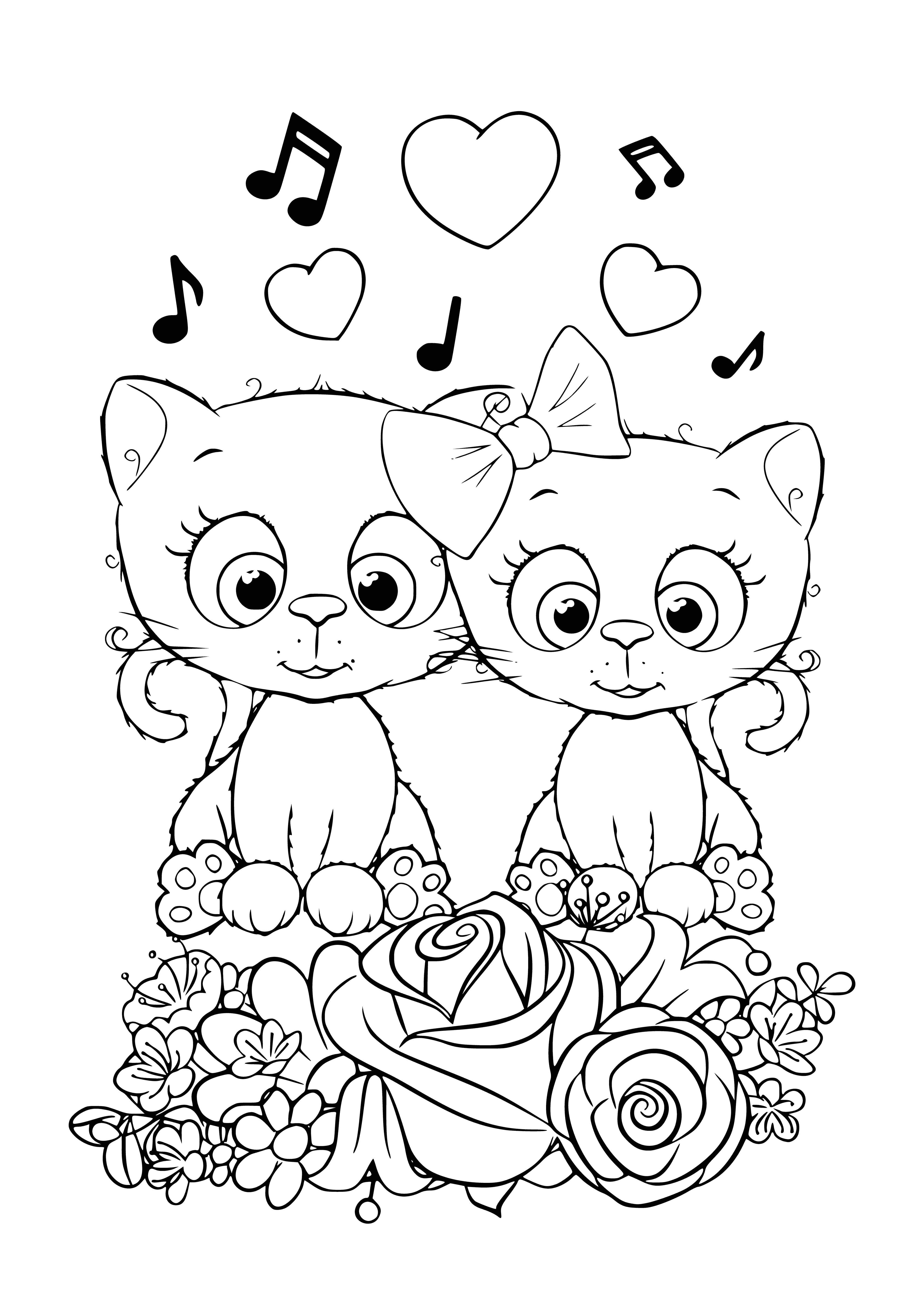 coloring page: Three sleeping kittens: grey & white, black & white, and brown & white.
