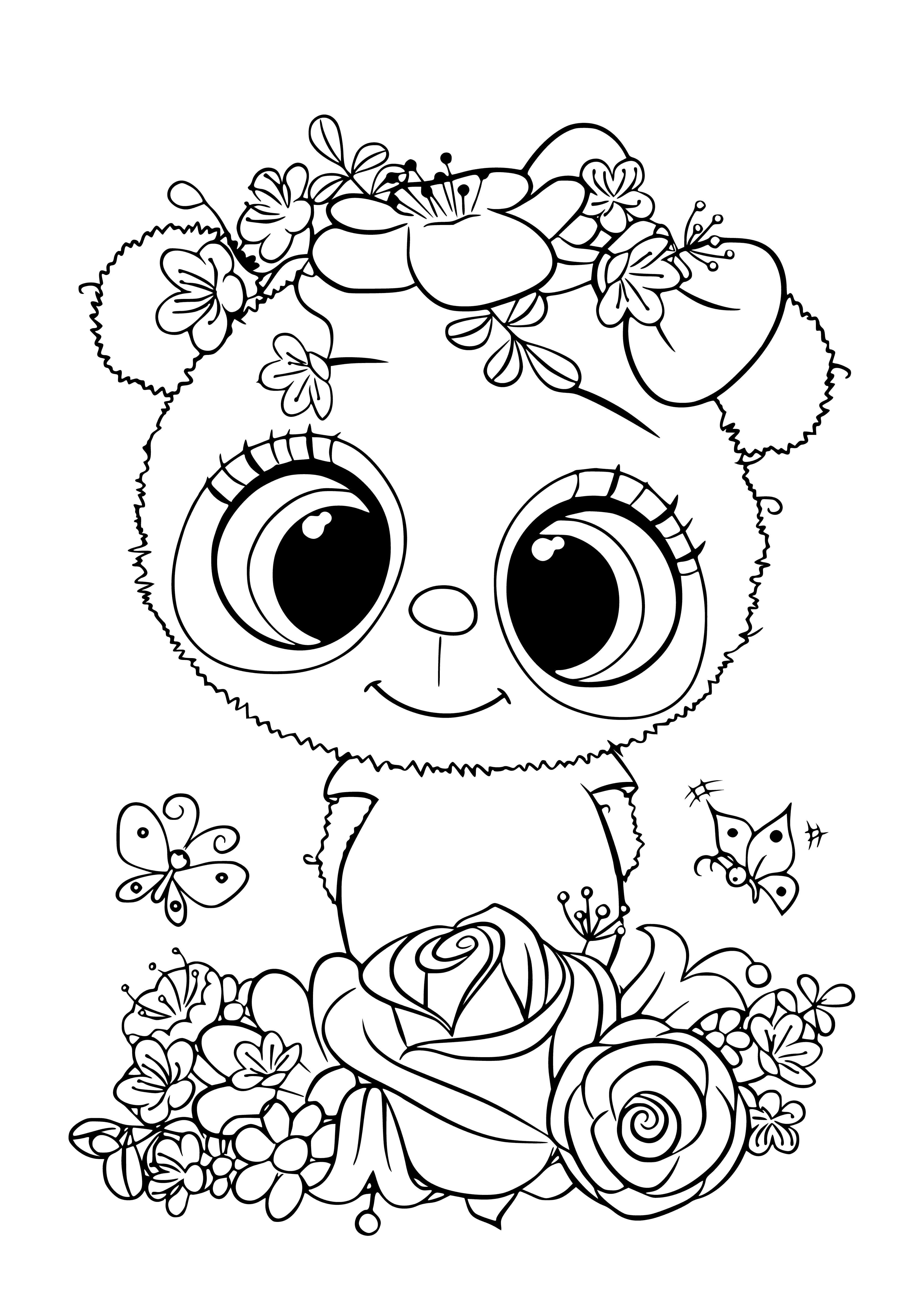 coloring page: Girl on cloud w/ big head & small body, sparkly eyes, pink dress, magic wand w/ heart on end, big smile.