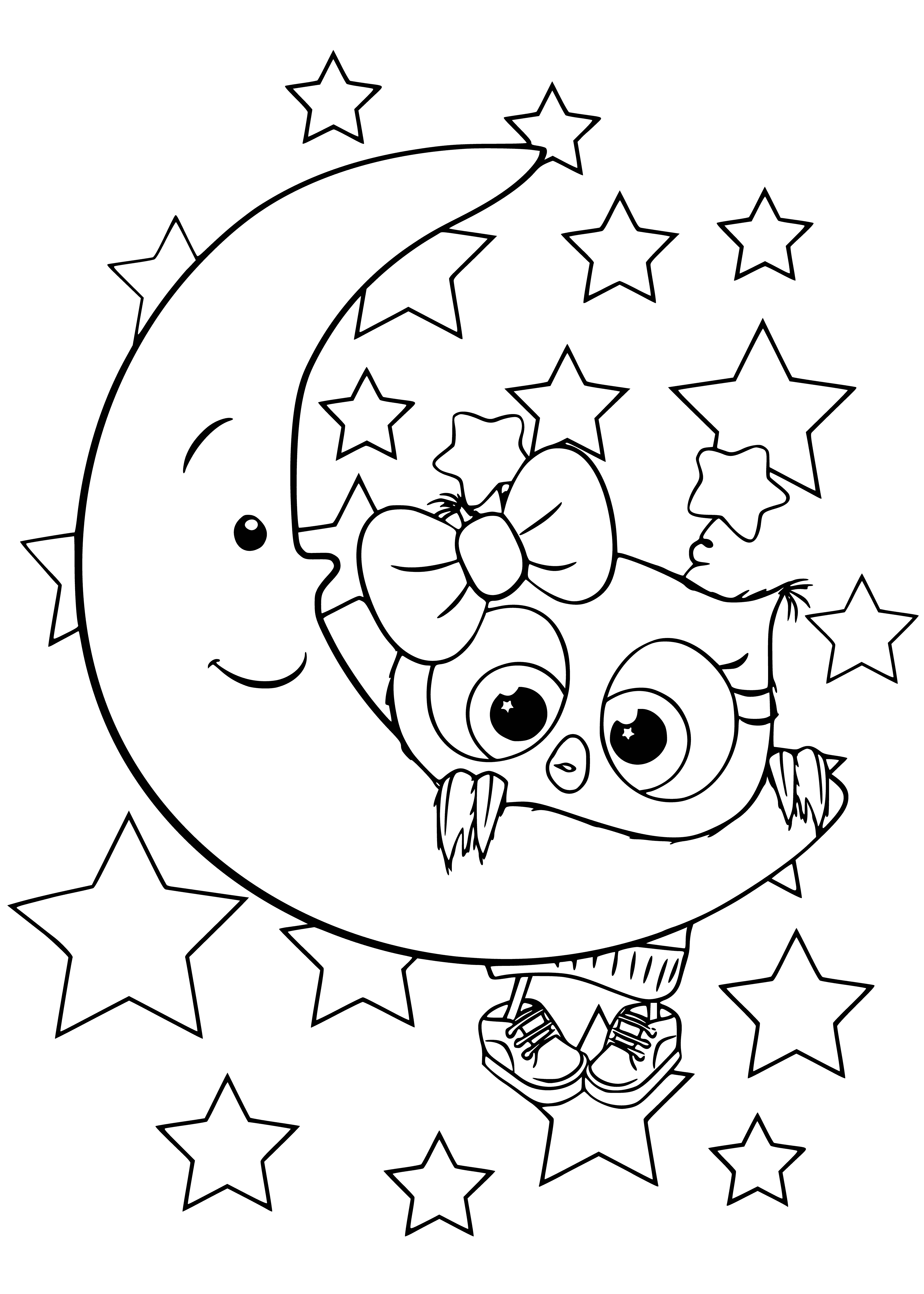 coloring page: Adorable owlet perched atop a branch, bright eyes, soft brown feathers, leafy green plant, small flowers blooming on tranquil blue background. #Kawaii #CuteColoring