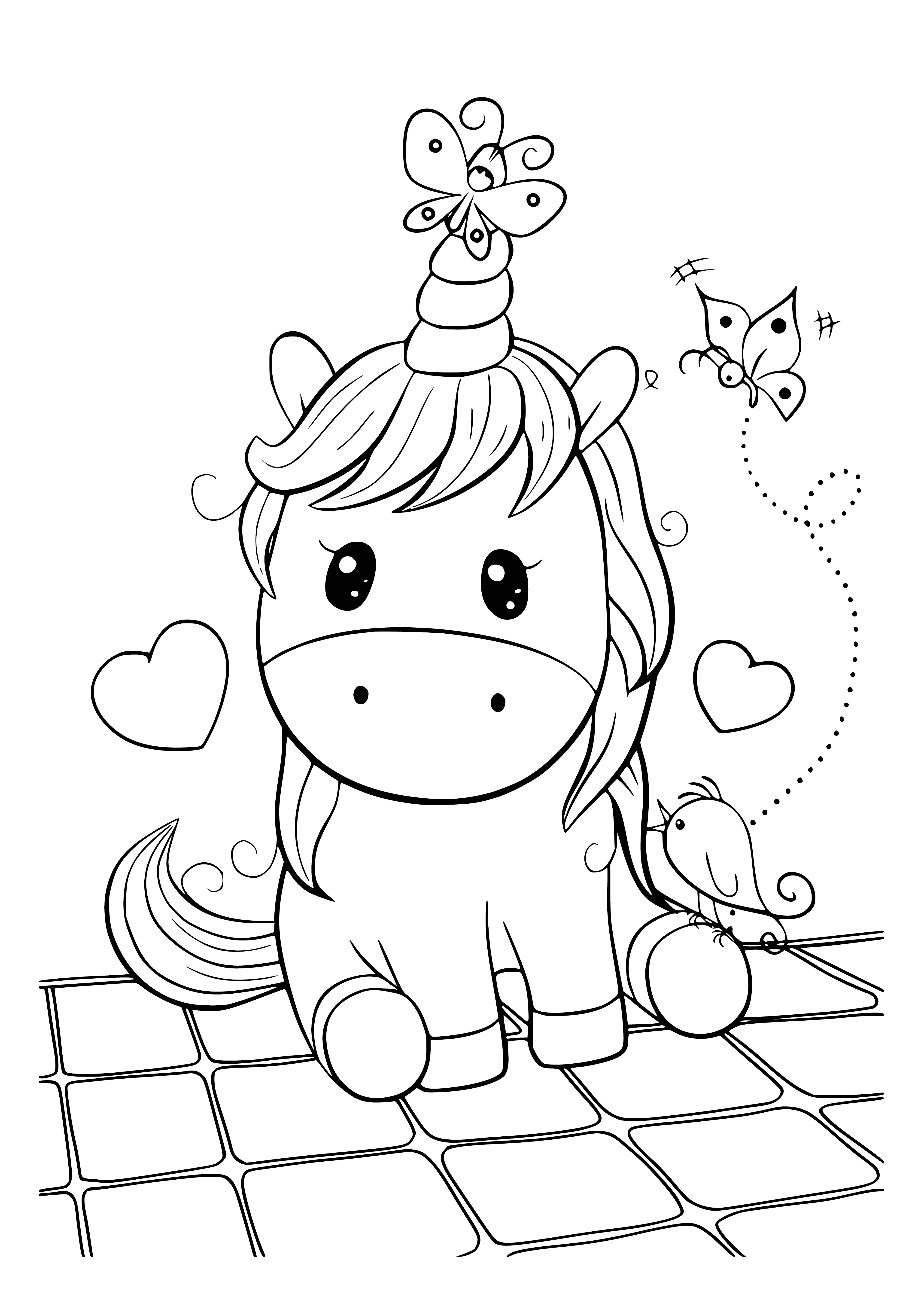 coloring page: Cute little unicorn with rainbow on its back looks at the camera with big eyes and a cute face – perfect for coloring!