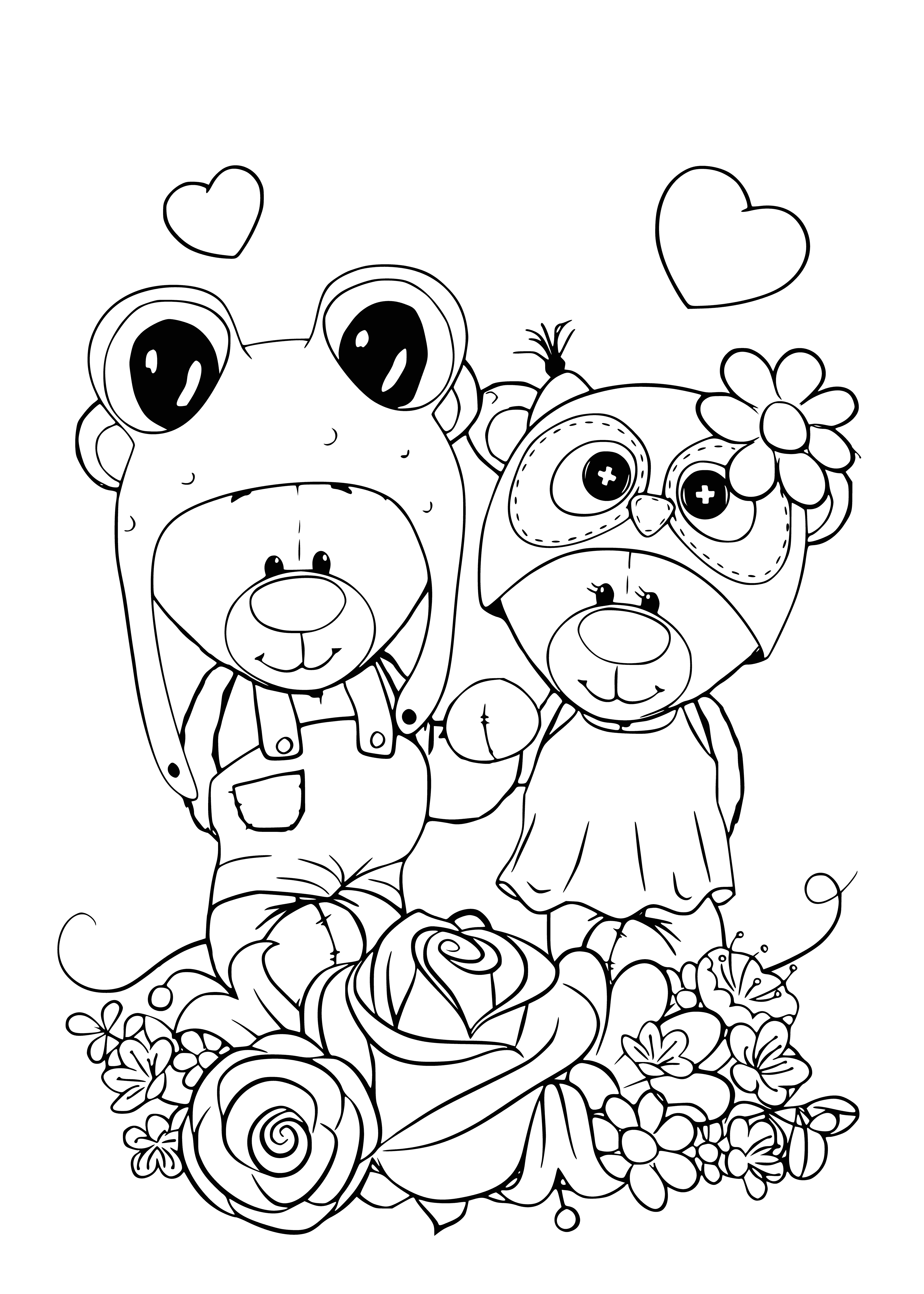coloring page: Two happy teddy bears stand hand-in-hand, smiling, surrounded by hearts. #teddybears #love