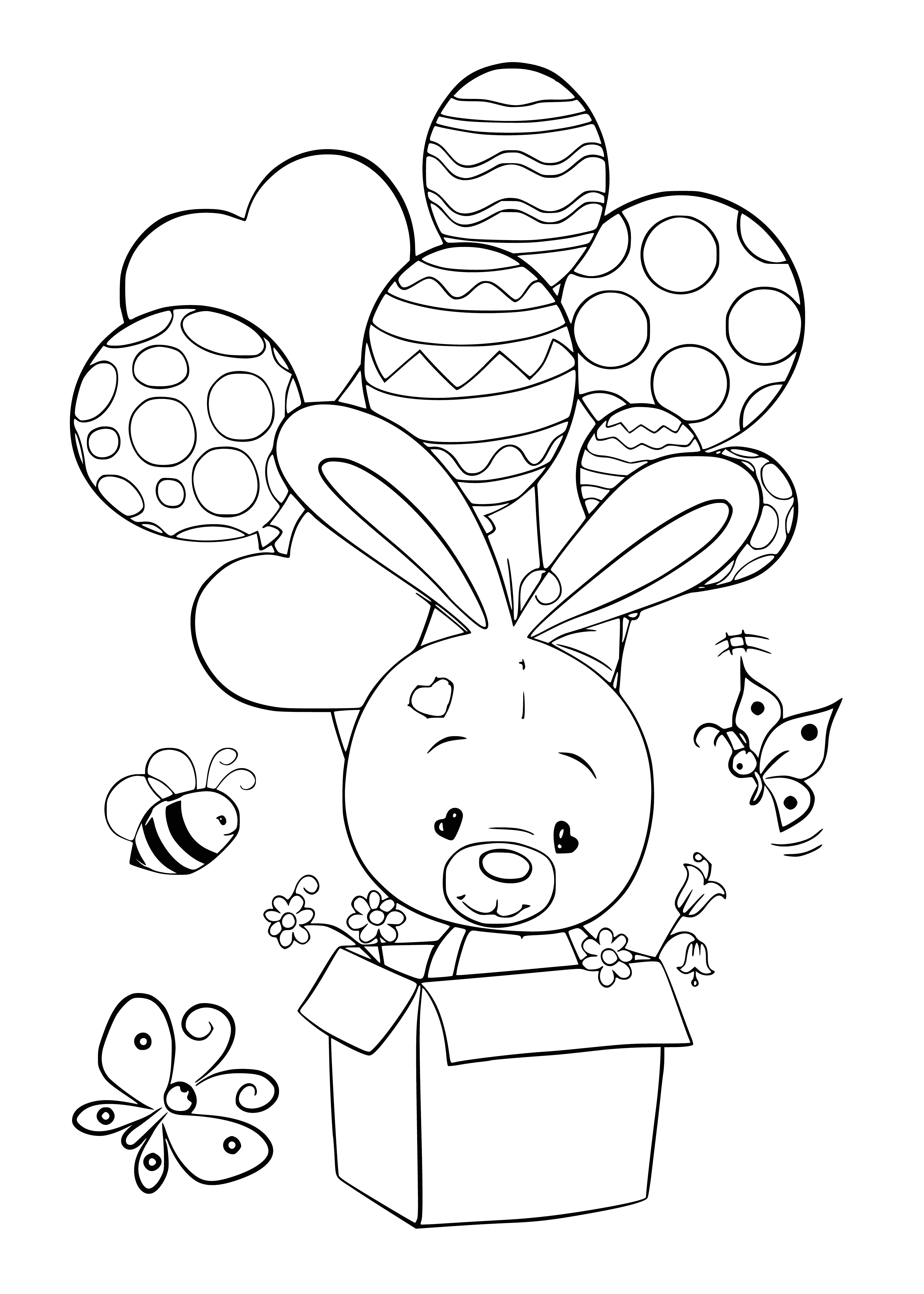 coloring page: Adorable bunny smiles, eyes closed, holding two red balloons. Big ears & whiskers make this coloring page special. #colorful #bunny