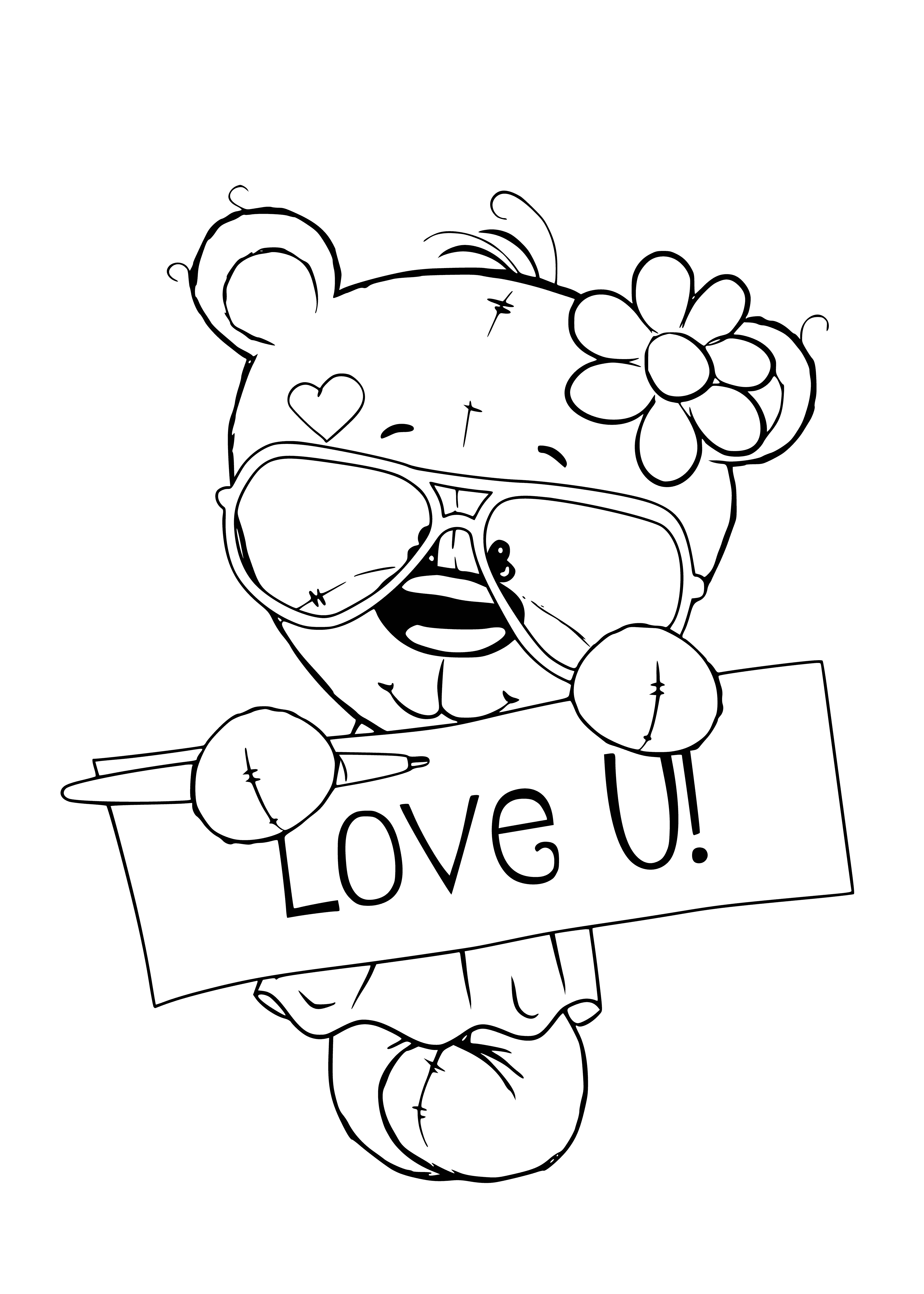 coloring page: Two Kawaii girls sit together, one holds flowers & the other a heart-shaped balloon - both smiling with joy.