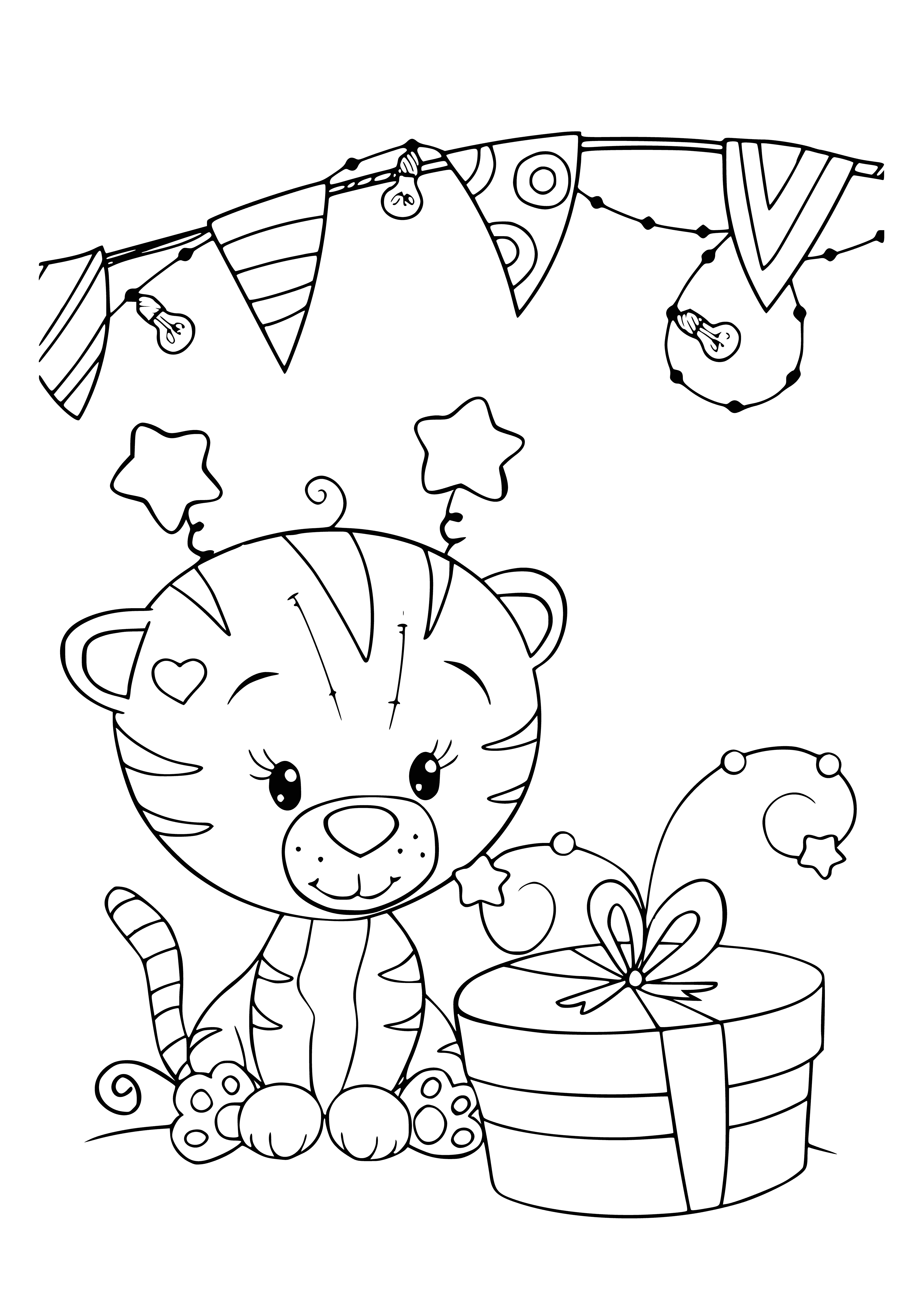 coloring page: Tiger cub holding gift wearing a red bow; present in red bow w/ white polka dots. #kawaii #cute #coloringpages