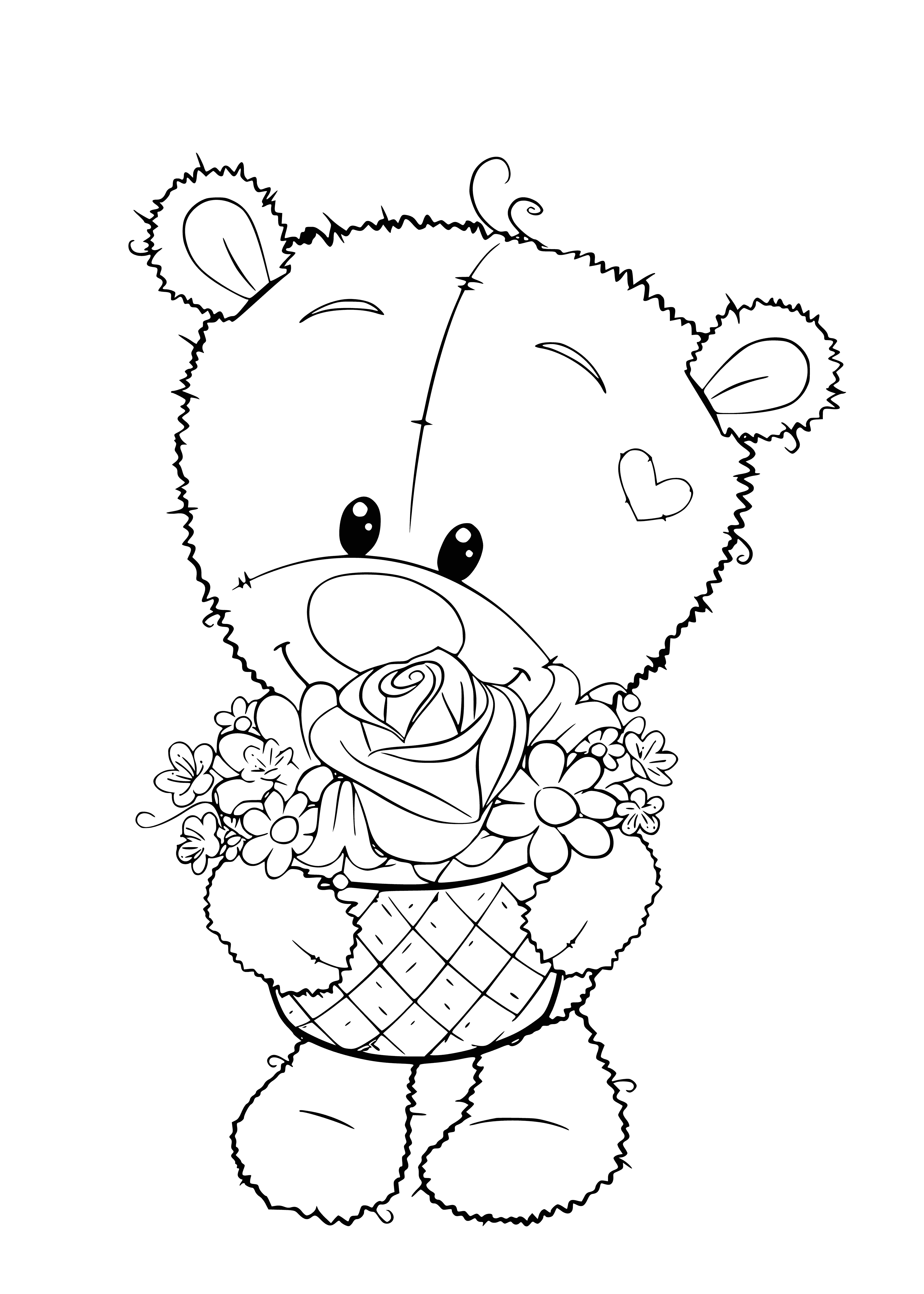 coloring page: Small, brown teddy bear holding a red flower in its paw among a cluster of colorful flowers. Black button eyes and white muzzle.